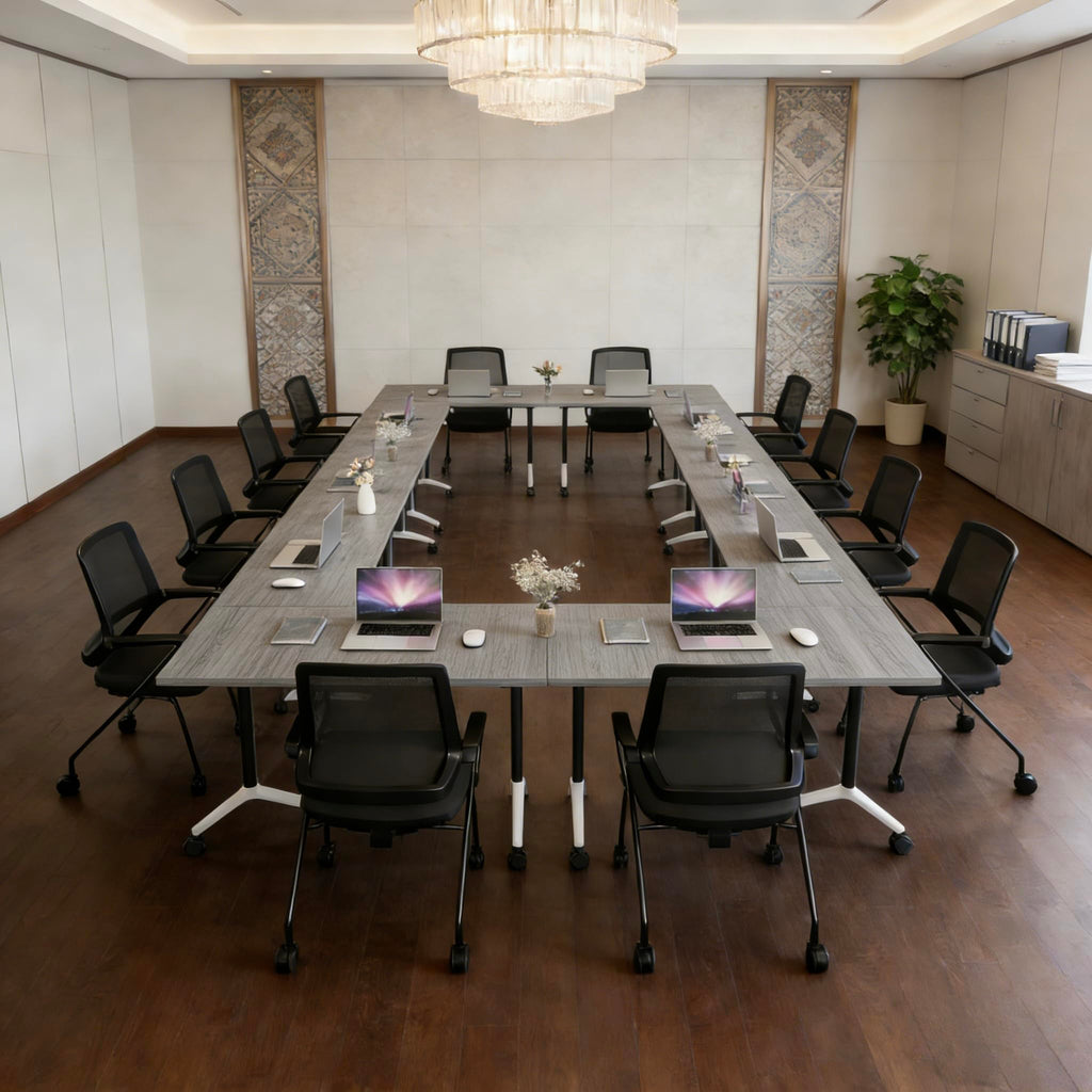 Folding Conference Table, Conference Room Tables with Wheels Foldable Large Rectangle Meeting Seminar Table for 6-12 People, Flip Top Mobile Training Table for Office Classr (4, Gray, 55.1in)