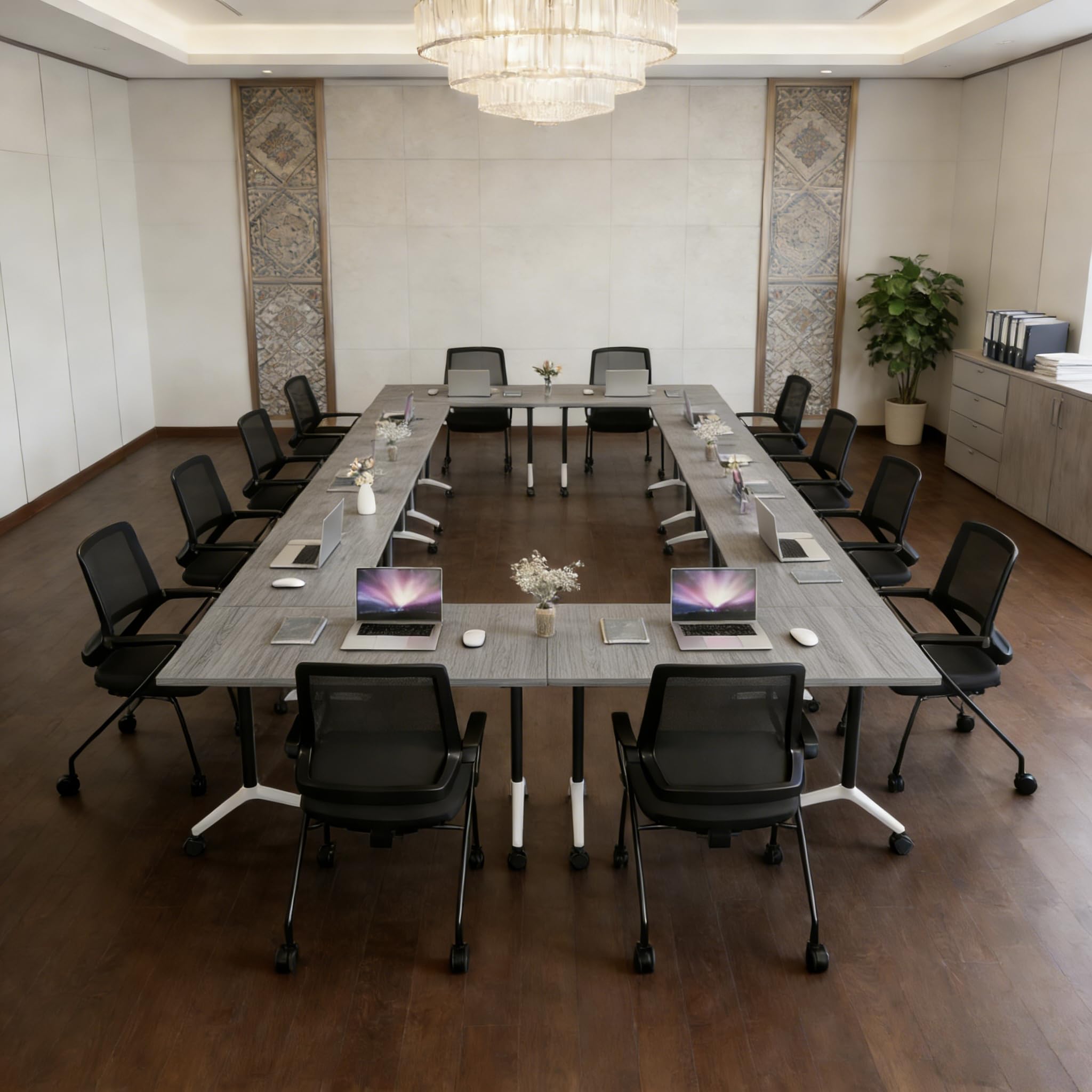 Folding Conference Table, Conference Room Tables with Wheels Foldable Large Rectangle Meeting Seminar Table for 6-12 People, Flip Top Mobile Training Table for Office Classr (4, Gray, 55.1in)
