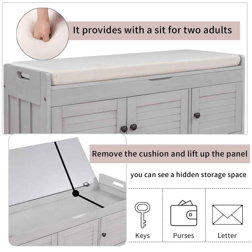 Bellemave Storage Bench with 3 Shutter-Shaped Doors and Flip-Open Storage Box, Shoe Rack for Entryway and Hallway,Shoe Bench with Adjustable Shelves Storage Space and Removable Seat Cushion, Gray Wash