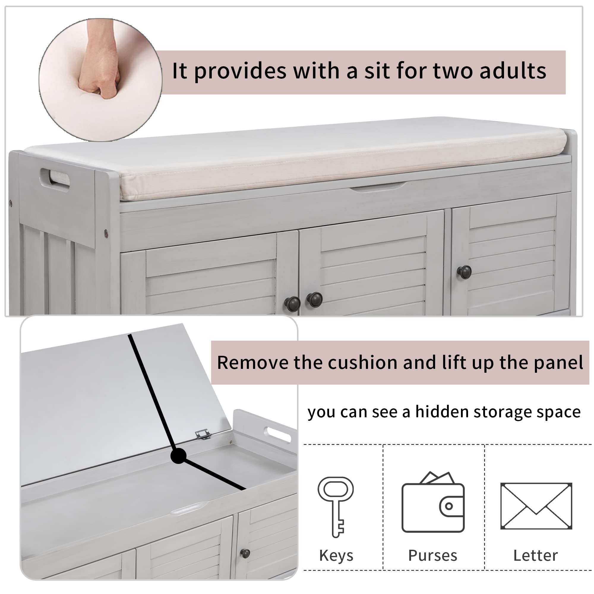 Bellemave Storage Bench with 3 Shutter-Shaped Doors and Flip-Open Storage Box, Shoe Rack for Entryway and Hallway,Shoe Bench with Adjustable Shelves Storage Space and Removable Seat Cushion, Gray Wash