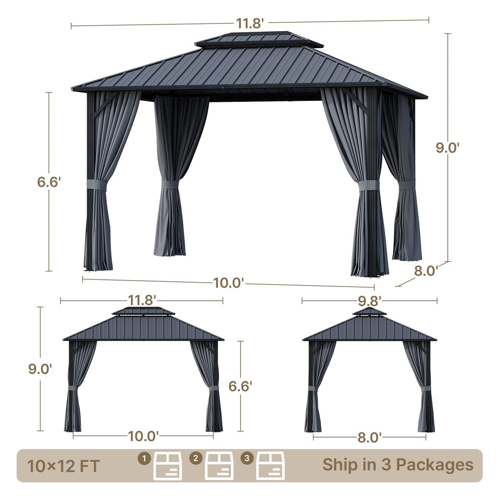 Ahomly 10'x12' Hardtop Gazebo, Aluminum Frame Metal Canopy with Double Roof, Outdoor Gazebo with Breathable Netting & Privacy Curtains, Pavilion for Patios for Backyard Deck Dark Grey