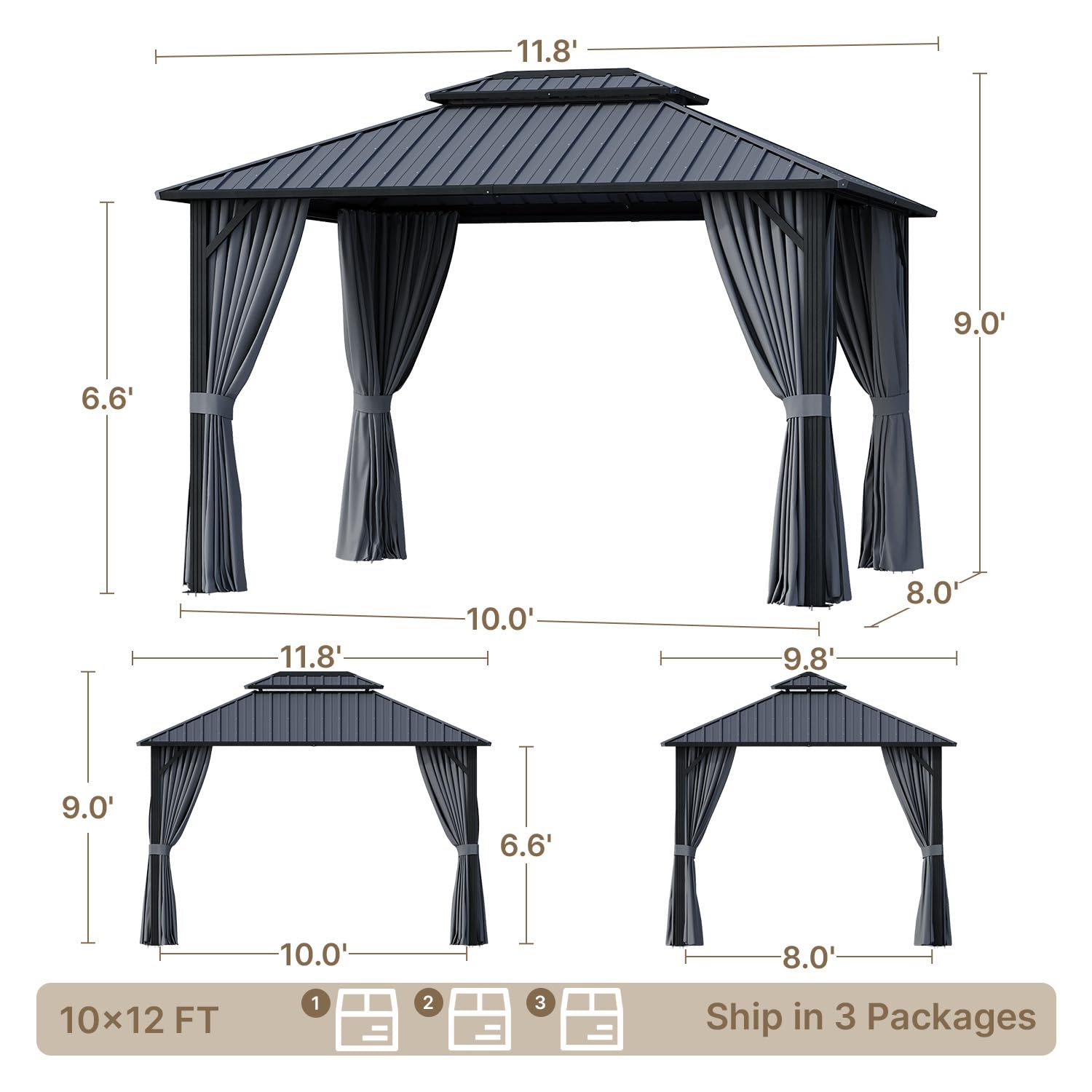 Ahomly 10'x12' Hardtop Gazebo, Aluminum Frame Metal Canopy with Double Roof, Outdoor Gazebo with Breathable Netting & Privacy Curtains, Pavilion for Patios for Backyard Deck Dark Grey