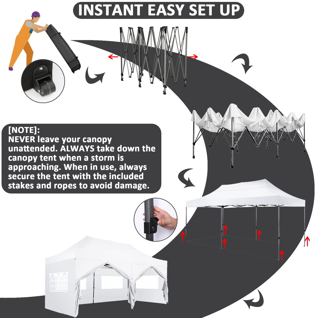 COBIZI 10x20 Pop Up Canopy with 6 Sidewall,Heavy Duty Canopy UPF 50+ All Season Wind Waterproof Commercial Outdoor Wedding Party Tents for Parties Canopy Gazebo with Roller Bag(10 x 20 ft White)