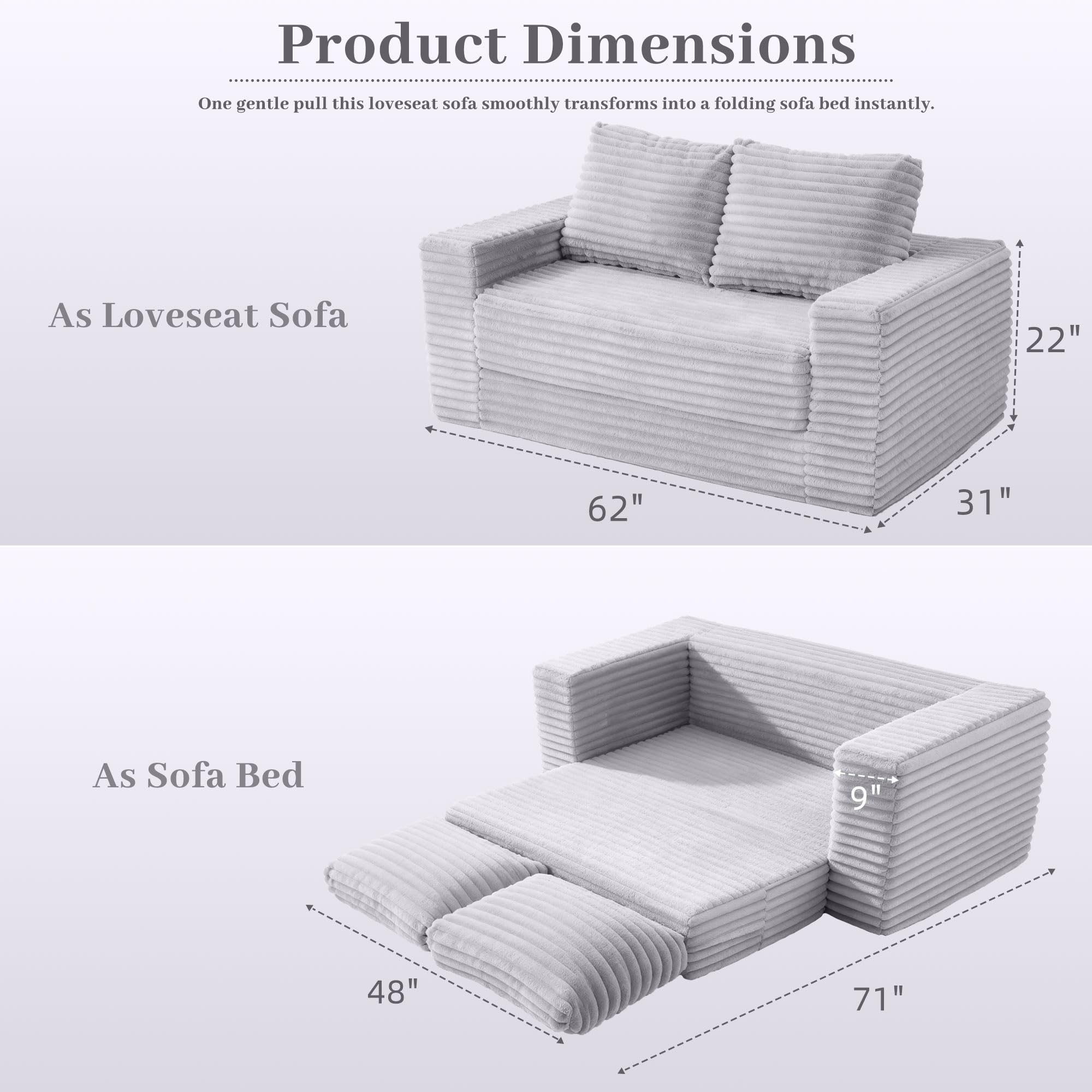 HABUTWAY Convertible Folding Sofa Bed Couch,3 in 1 Pull Out Couch Bed,Loveseat Sleeper Sofa Bed,Boneless Couches with Pillows for Living Room Bedroom, Light Grey