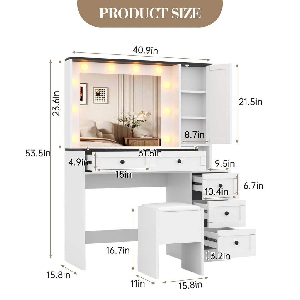 GarveeHome Makeup Vanity Desk and Stool, Vanity Desk with Lights, Vanity Table Set with Charging Station, Drawers and Hidden Storage Shelves, White