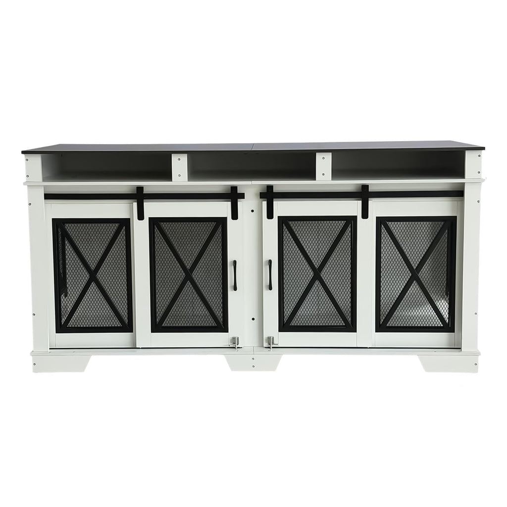 Garvee 71" Double Dog Crate Furniture with Divider, Heavy Duty Wood & Metal Dog Cage for Large Dogs, Dual Compartment Dog Kennel with Double Doors, Indoor Dog Crate TV Stand