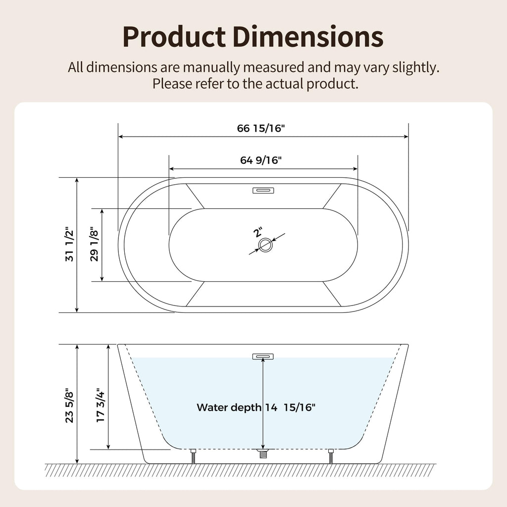 DeerValley 67" Acrylic Freestanding Bathtub, Easy Install Standalone Deep Soaking Tub with Fluted Design, Modern Ergonomic Shower Tub with Center Drain in White, DV-1T0583