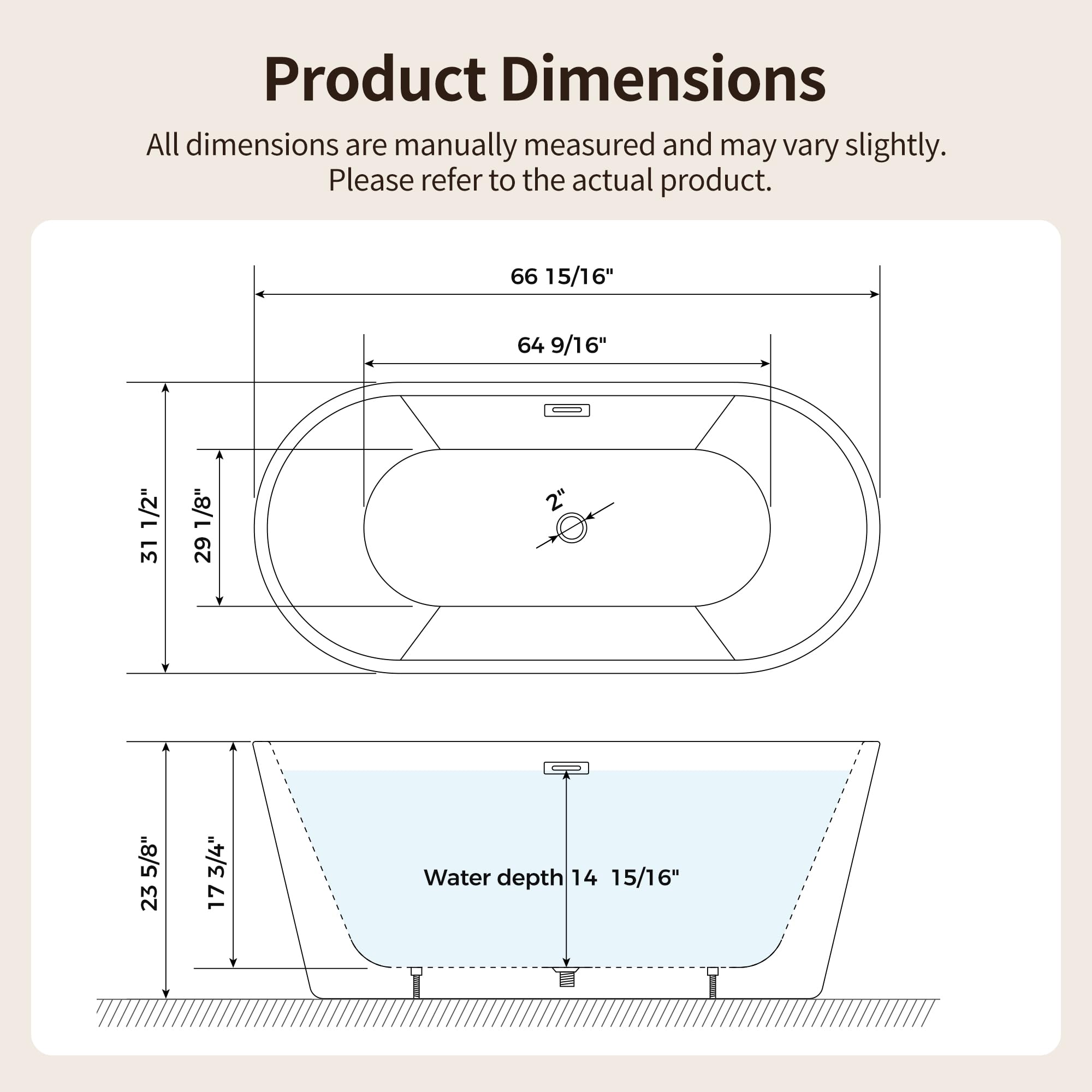 DeerValley 67" Acrylic Freestanding Bathtub, Easy Install Standalone Deep Soaking Tub with Fluted Design, Modern Ergonomic Shower Tub with Center Drain in White, DV-1T0583