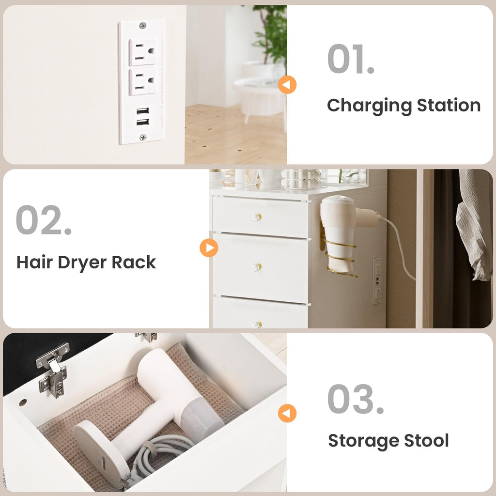 Pamapic Glass Top Makeup Vanity with Crystal Handles, 11 Drawers Vanity Desk with Mirror and Stool, 3 Lighting Modes Dressing Table with Charging Station, White