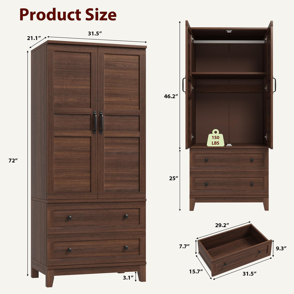 GarveeHome Armoire Wardrobe Closet with 2 Drawers,72 in Wooden Wardrobe Cabinet with Hanging Rod, Tall Clothing Armoire Cabinet with Doors and 18 Adjustable Shelves for Bedroom, Clothes,Walunt Brown