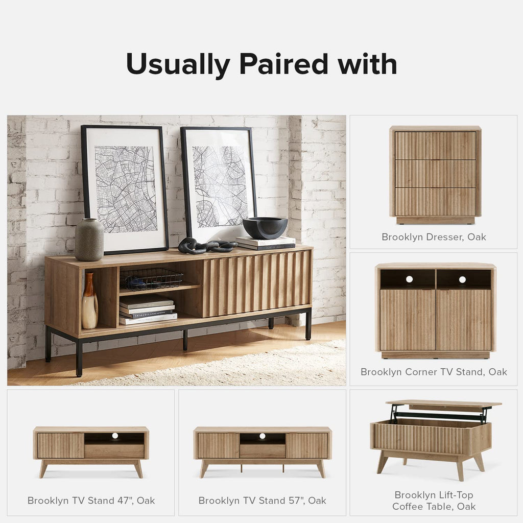 mopio Norwin TV Stand, Rustic Modern Industrial Television Stand for 60/65/70 inch TV, Fluted Entertainment Center with Storage, Wood Media Console Credenza Cabinet Table (Oak 64" TV Stand)
