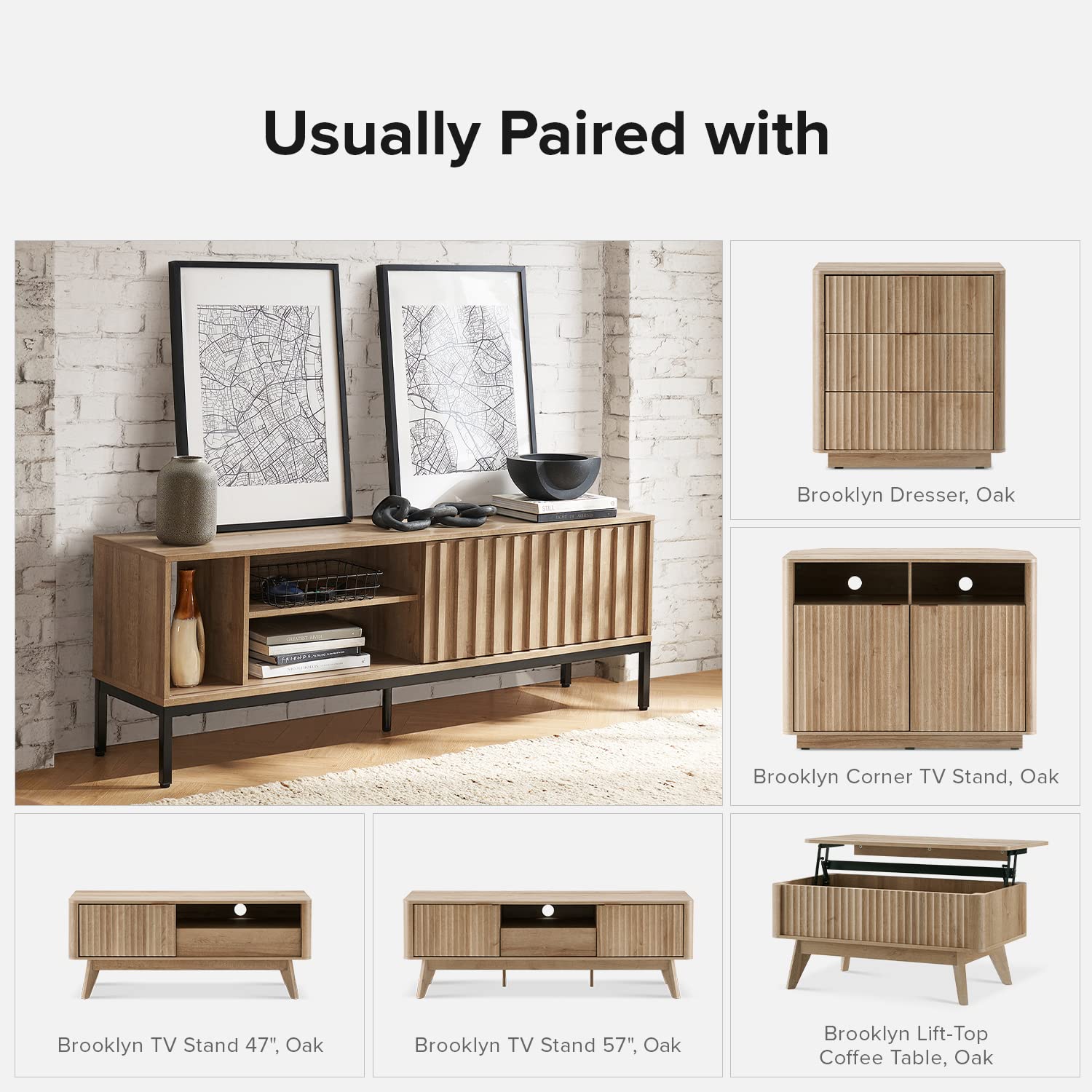 mopio Norwin TV Stand, Rustic Modern Industrial Television Stand for 60/65/70 inch TV, Fluted Entertainment Center with Storage, Wood Media Console Credenza Cabinet Table (Oak 64" TV Stand)