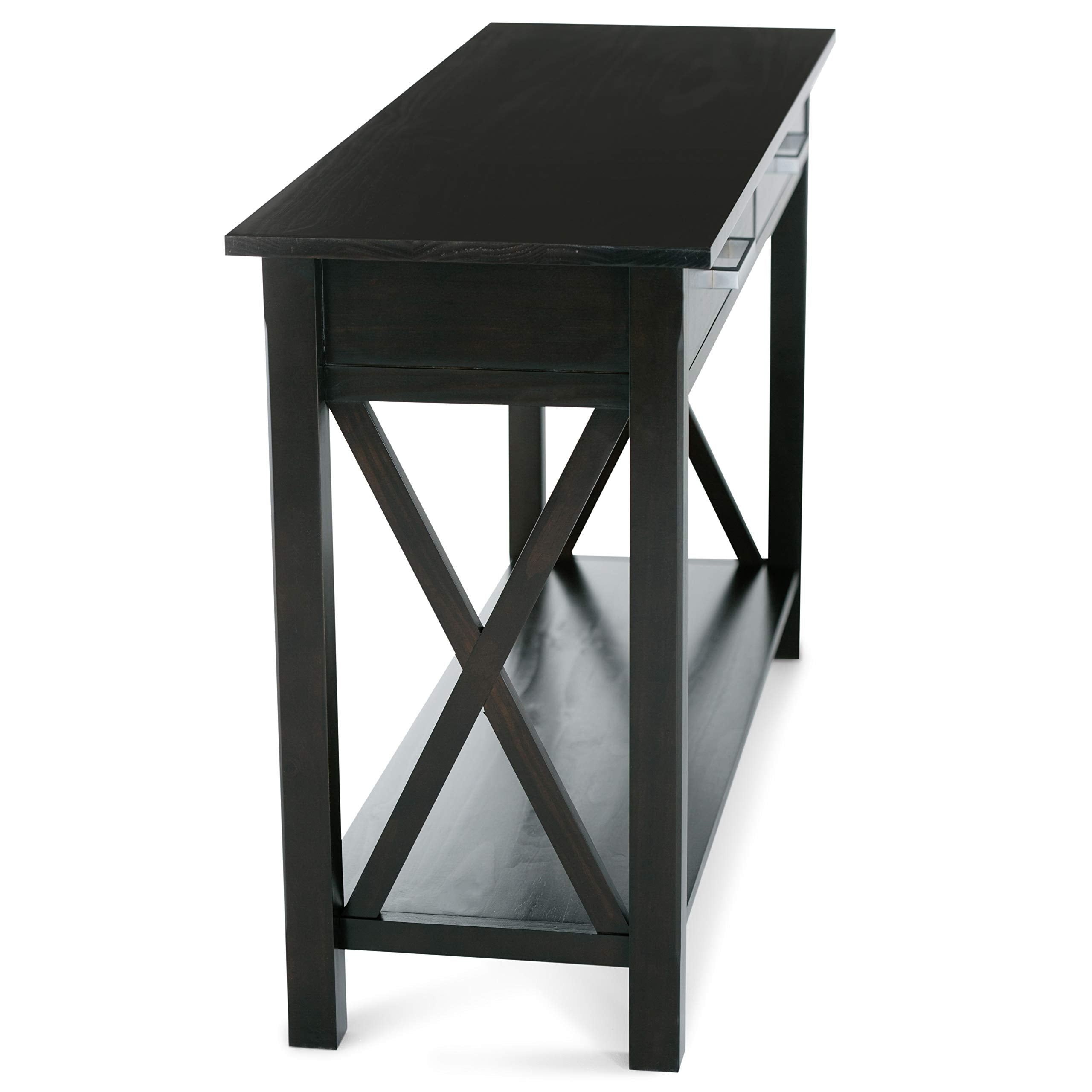 SIMPLIHOME Kitchener Console Table - 47 Inch Wide Solid Wood Sofa Table in Hickory Brown, Contemporary Storage Table for Entryway or Living Room with 2 Drawers, Bottom Shelf, and X-Design Side Panels