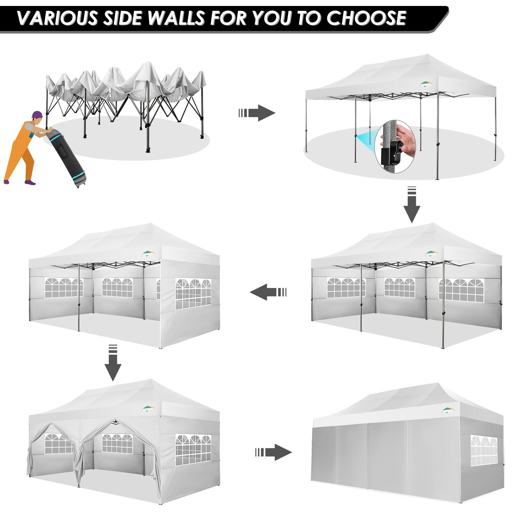 COBIZI 10x20 Heavy Duty Pop up Canopy Tent with 6 sidewalls Easy Up Commercial Outdoor Wedding Party Tents for Parties All Season Wind & Waterproof Gazebo Roller Bag, White(Frame Thickened)