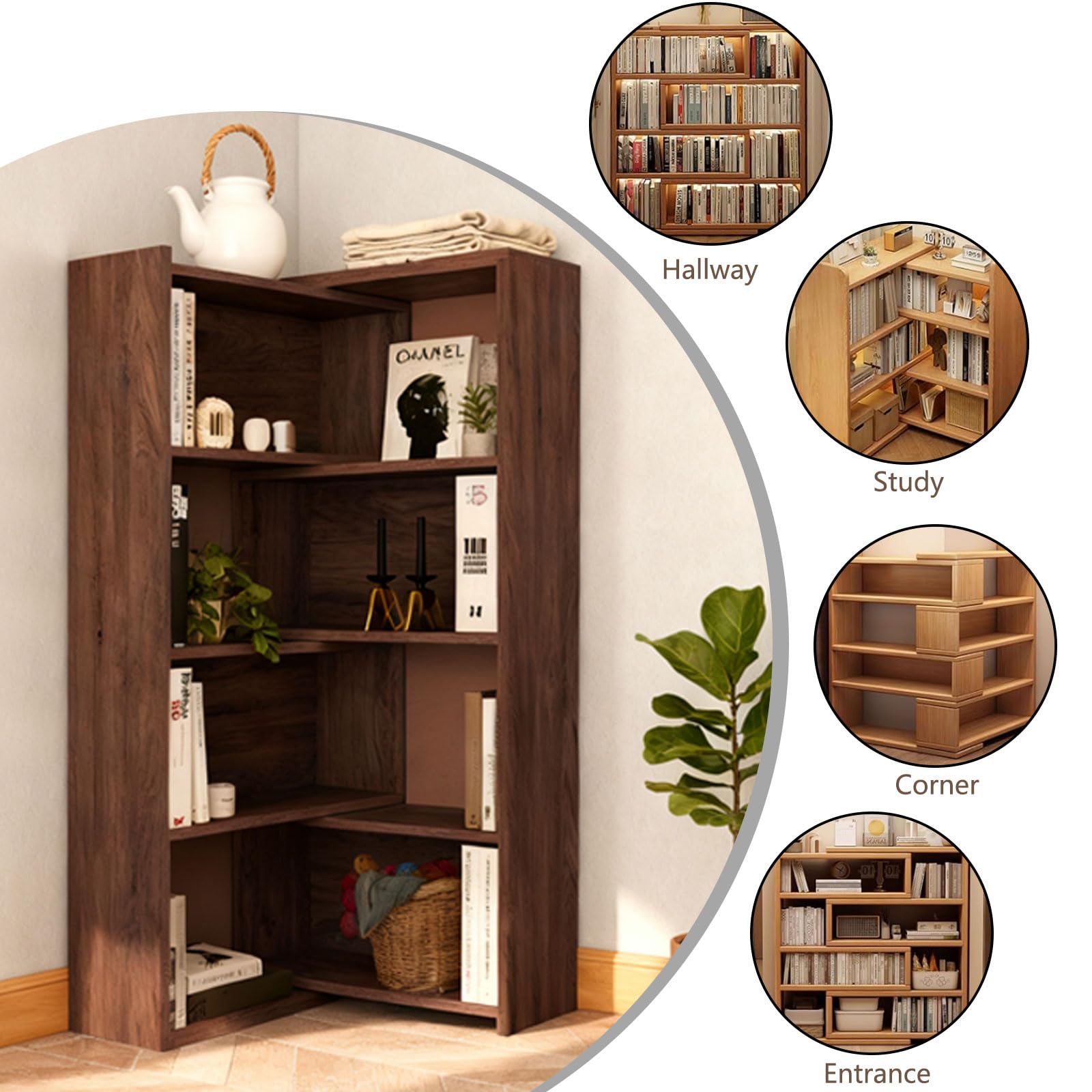 SimpArt Expandable 3-in-1 Bookcase with Adjustable Width, 4-Tier Wooden Storage Shelf, Convertible Straight or L-Shaped Corner Bookshelf for Living Room Bedroom Office