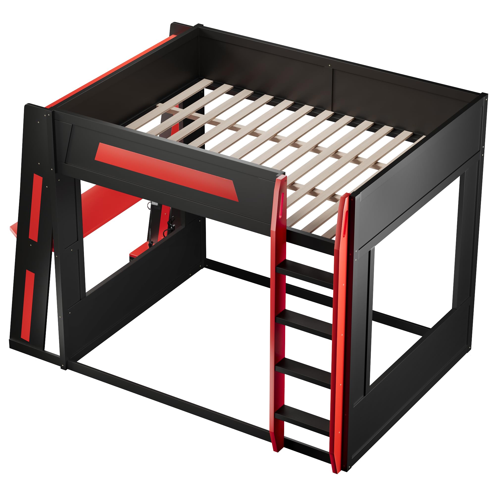 Merax Queen Over Queen Wooden Gaming Bunk Bed with Built-in Desk, LED Lights, USB Port, and 2 Storage Shelves, Solid Wood Gaming Loft Bed for for Bedroom, Black+Red
