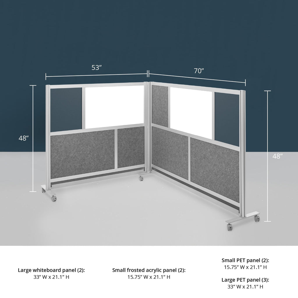 Modular Wall Partition Room Divider Bundle - Gray 70"x48" + 53"x48", 2 Cubicle Walls, Hinge & Casters for Flexible Office Divider & Room Divider Wall