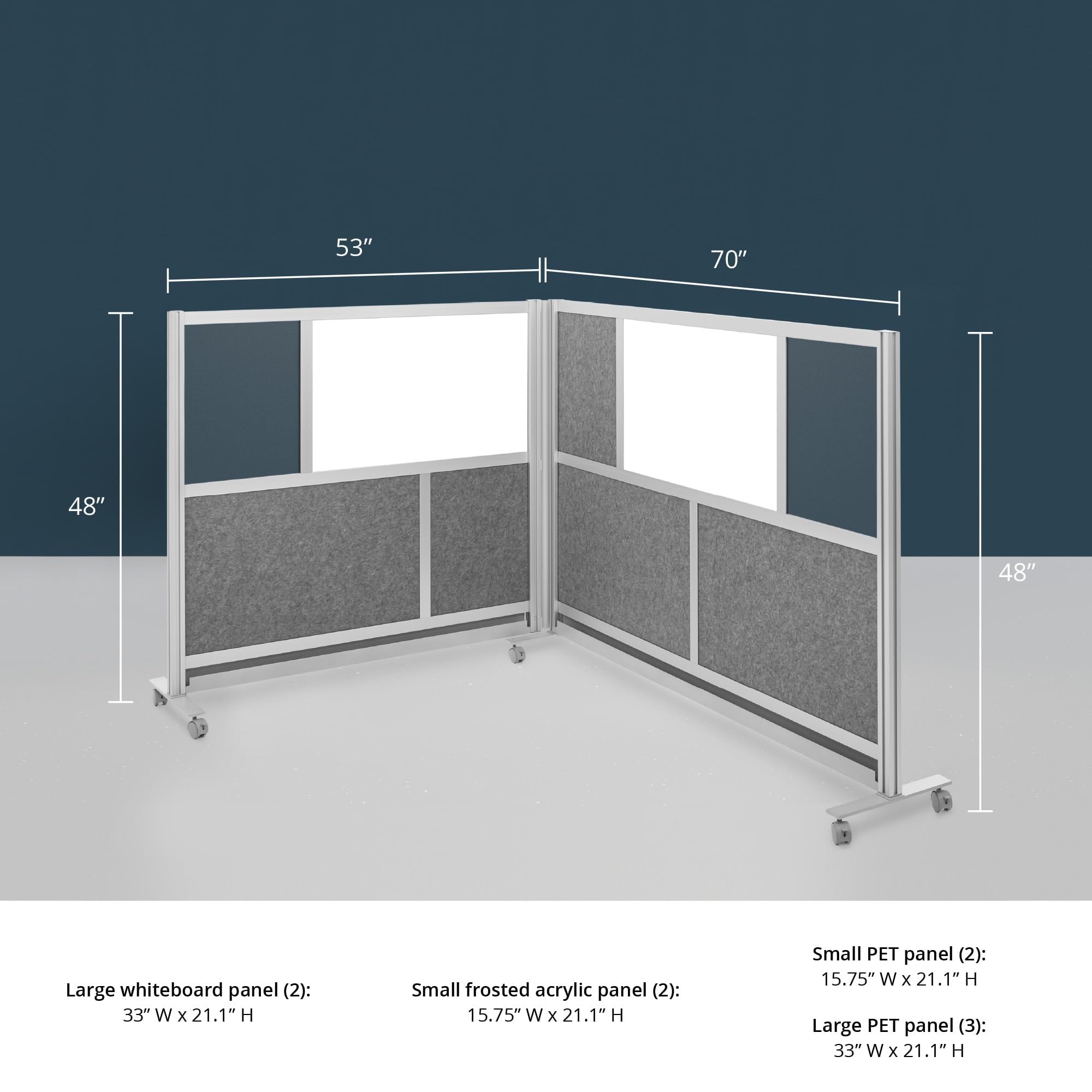 Modular Wall Partition Room Divider Bundle - Gray 70"x48" + 53"x48", 2 Cubicle Walls, Hinge & Casters for Flexible Office Divider & Room Divider Wall
