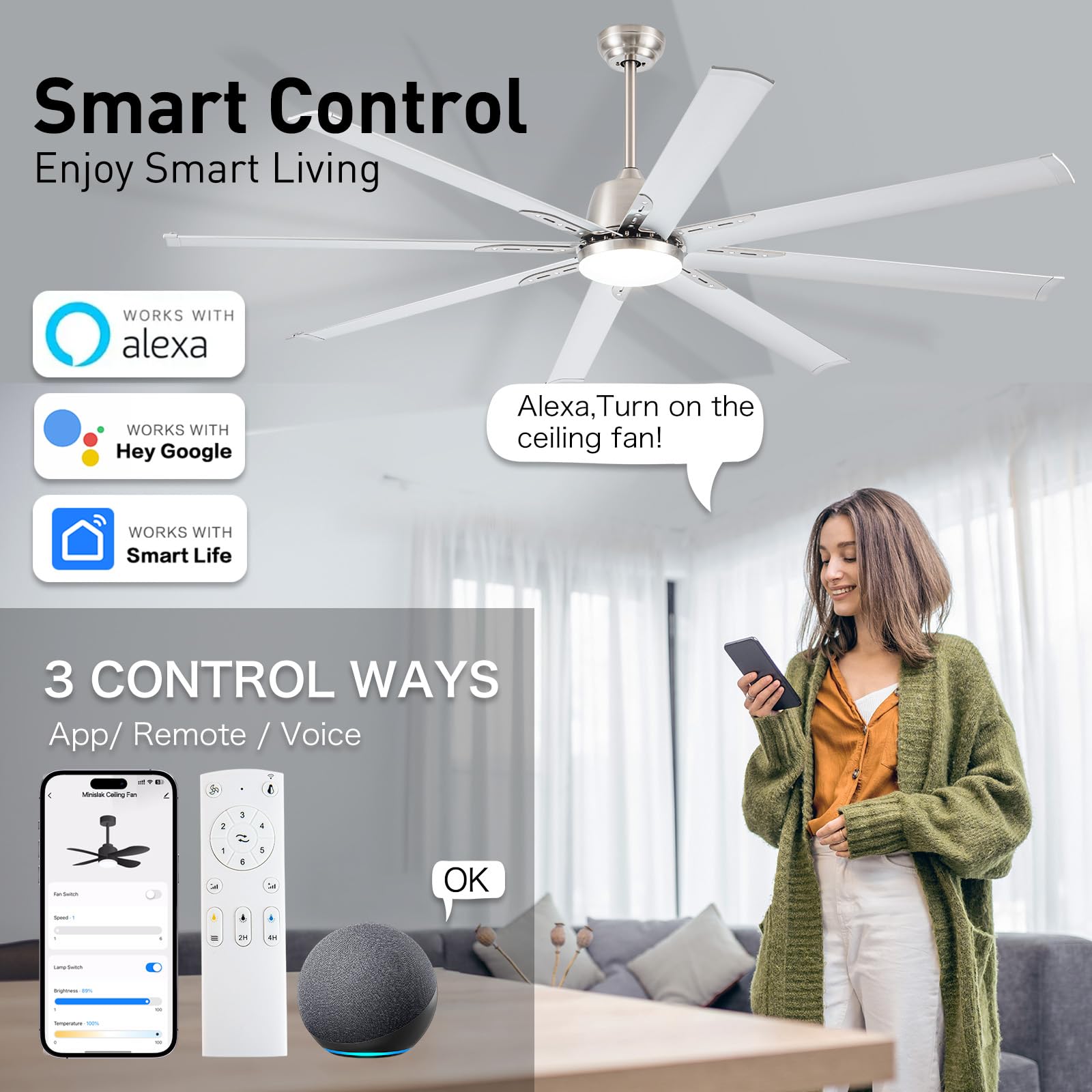 72 lnch lndustrial Smart Celing Fan with Light and Remote Control via WIFI Alexa,Large Celing Fan with 8 Brushed Nickel Aluminum Blades,6 Speed Noiseless DC Motor Indoor Outdoor Ceiling Fans for Patio