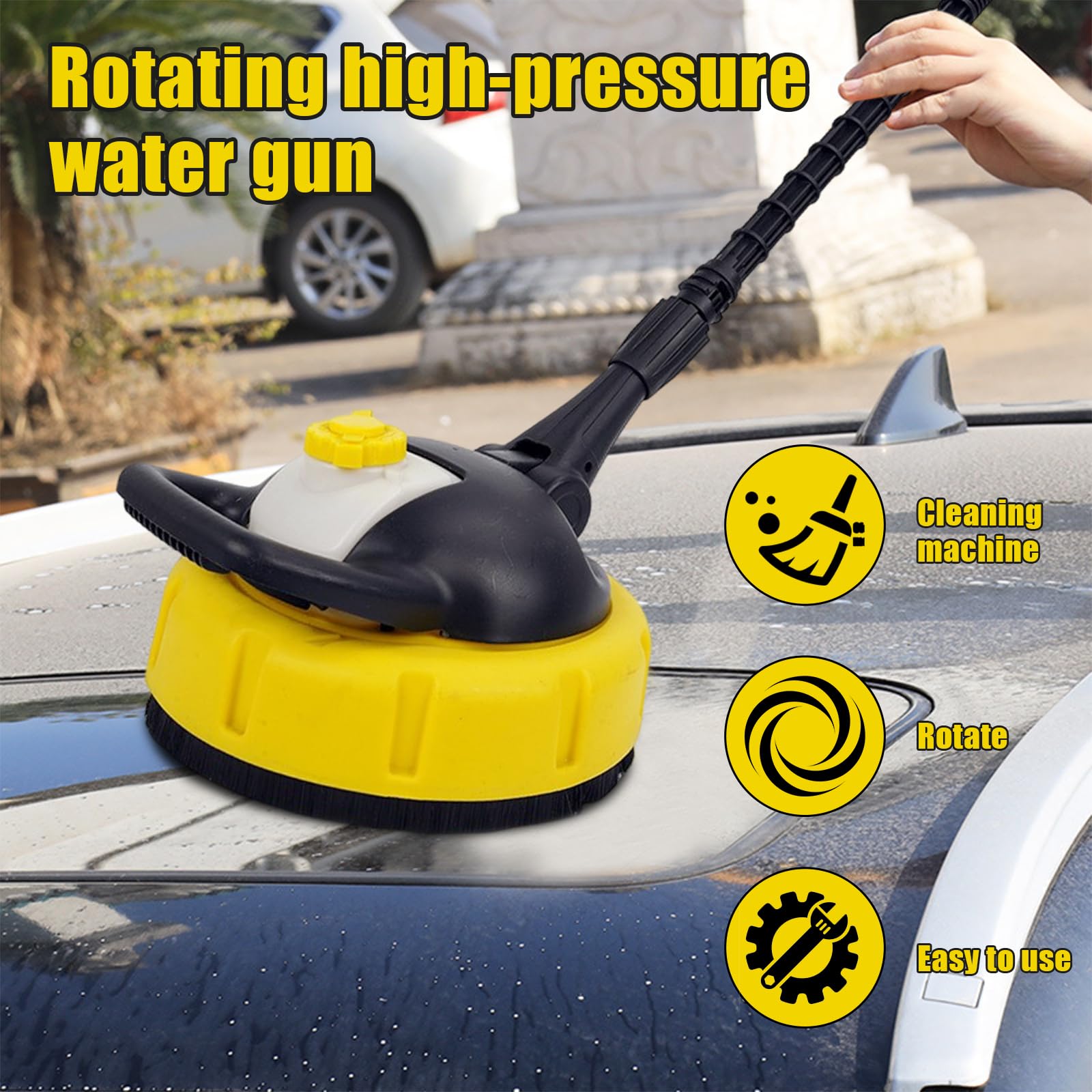 Patio Cleaner Attachment for Karcher, Dia28cm Rotating High Pressure Washer with 47cm Long Handle, for K2-K7 High Pressure Surfaces Cleaner, Rotating Jets Cleaning Nozzle, for Paving, Yards (With pot)