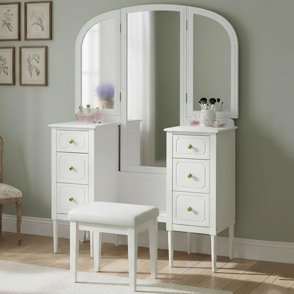Merax Antique Vanity Desk with Triple Mirror, 46" Makeup Vanity Set with Cushioned Stool, Large Dressing Table with 6 Storage Drawers for Bedroom Dressing Room, White
