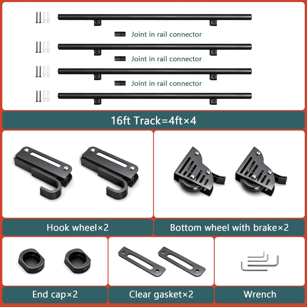 104RDHOUSE 16FT Sliding Library Ladder Hardware Kit,Black Telescopic Top Hook,Bottom Wheel with Brake,MAX Load 300lbs,No Ladder