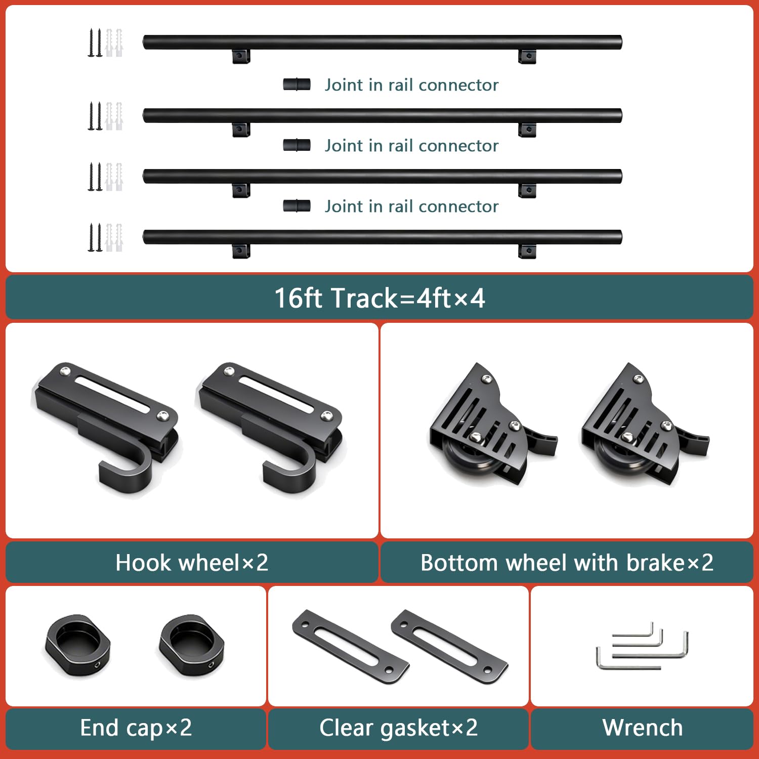 104RDHOUSE 16FT Sliding Library Ladder Hardware Kit,Black Telescopic Top Hook,Bottom Wheel with Brake,MAX Load 300lbs,No Ladder
