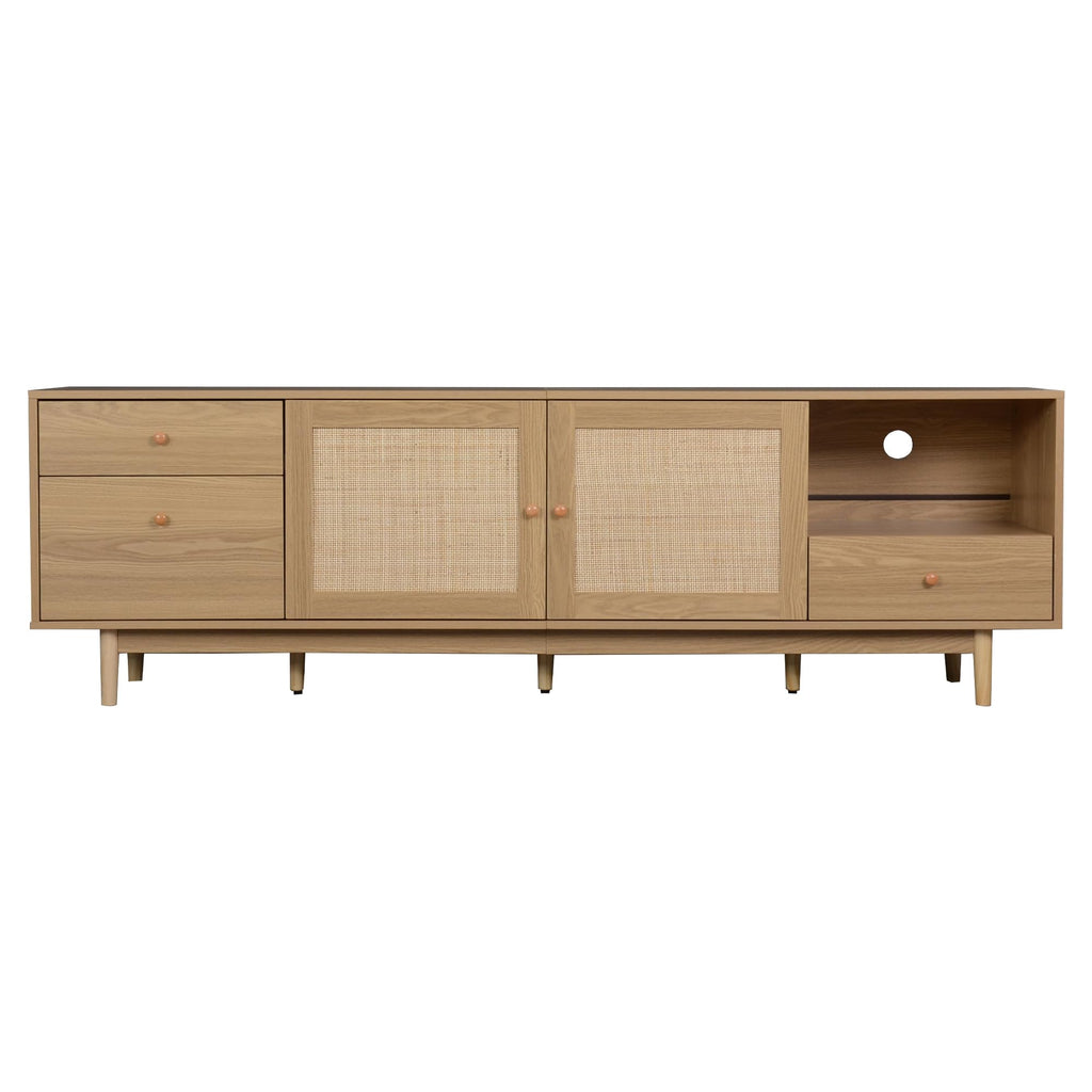 Ball & Cast 76" Boho TV Stand for TVs up to 85", Media Console with Real Rattan Doors, Open Shelf, 3 Drawers & 2 Cabinets, Natural Wood Grain Entertainment Center w/Solid Wood Legs for Living Room