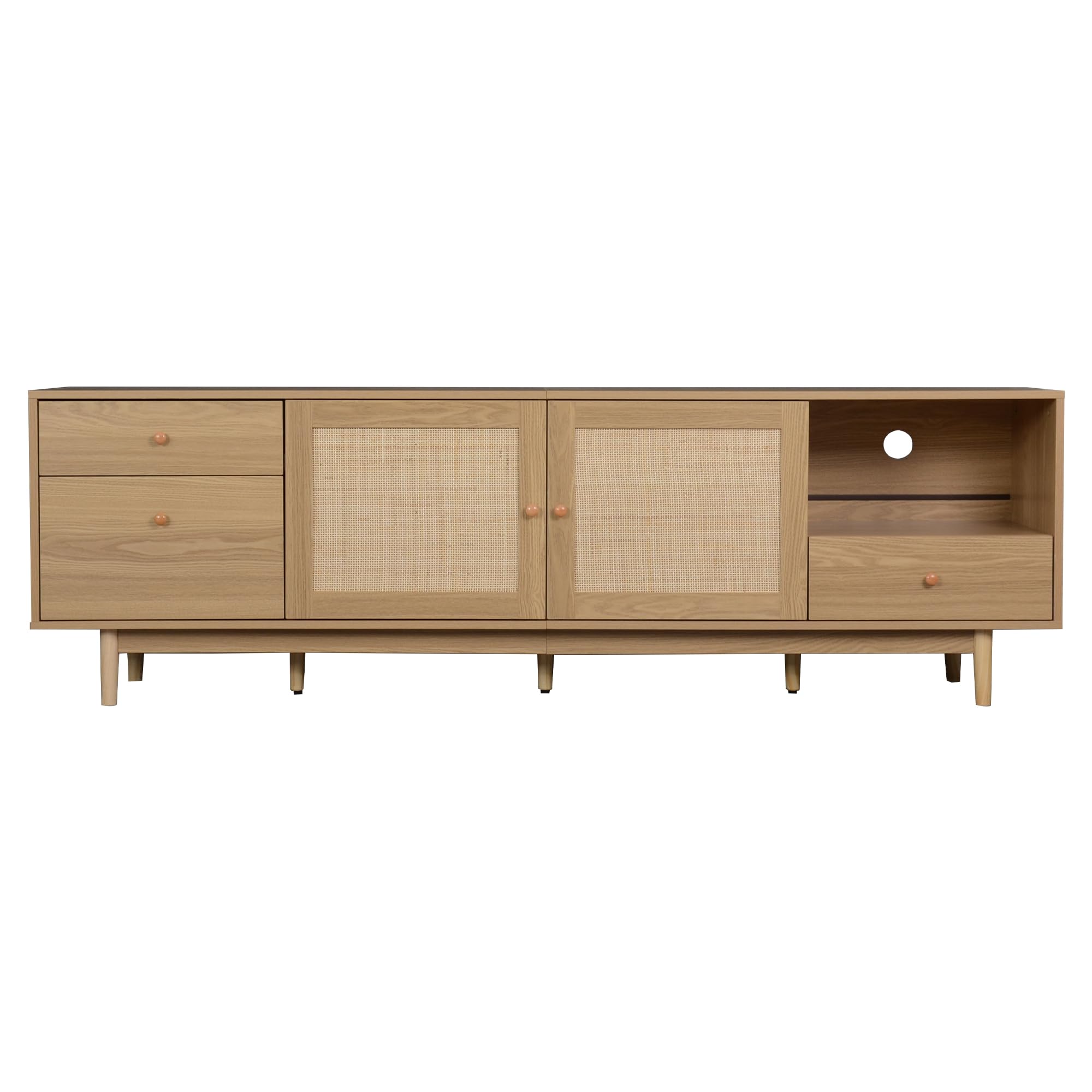 Ball & Cast 76" Boho TV Stand for TVs up to 85", Media Console with Real Rattan Doors, Open Shelf, 3 Drawers & 2 Cabinets, Natural Wood Grain Entertainment Center w/Solid Wood Legs for Living Room