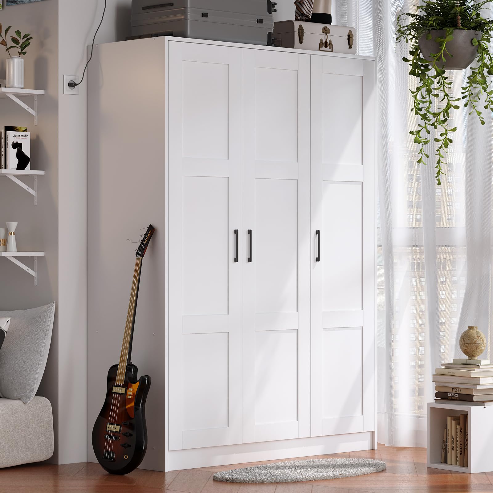 Fenghua Lizhi 3 Doors Wooden Wardrobe Closet Armoire, White Storage Cabinet for Hanging Clothes, Bedroom Large Capacity Freestanding Armoire,Wood Wardrobe Combination with Shelves