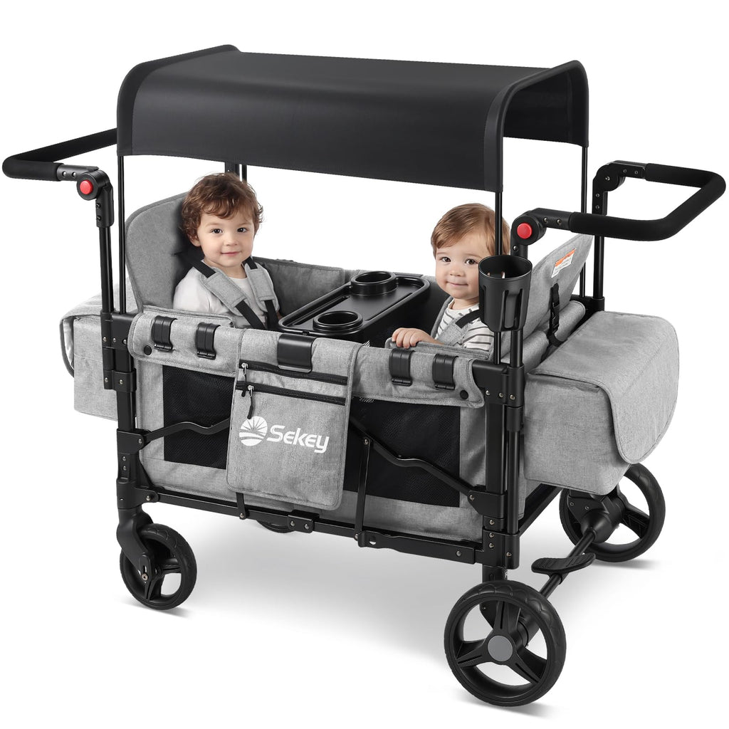 Sekey Wagon Stroller for 2 Kids, Luxury 4-in-1 Stroller Wagon - Premium Quality with Convertible Seats, Adjustable Push Handles, Removable Canopy, Snack Tray & Cooler, US Certified.