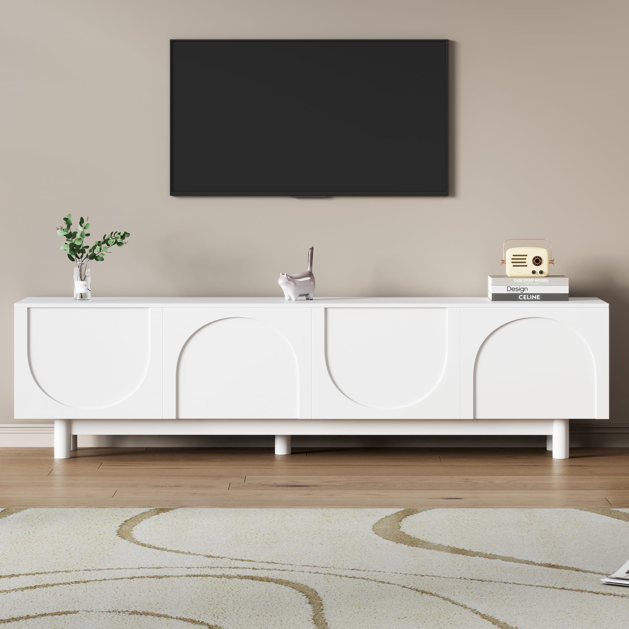 Ball & Cast Modern TV Stand with Arch Cabinets for TVs up to 78", Minimalist Entertainment Center w/Solid Wood Legs and Adjustable Shelves, Media Console for Living Room,White