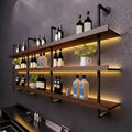 Solid Wood Wine Racks Wall Mounted with LED Lights, Modern Metal Wine Bottles Display Shelf, Industrial Iron Floating Lighted Bar Liquor Whiskey Shelves Rack for Home & Dining Room(150CM/59IN)