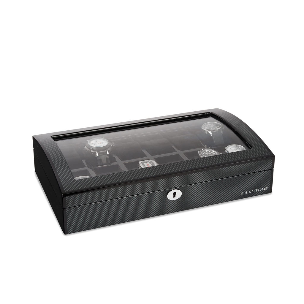 BILLSTONE Romanoff 12 Watch Box – 12 Slot Watch Organizer, Carbon Fiber Finish with Black Velvet Interior