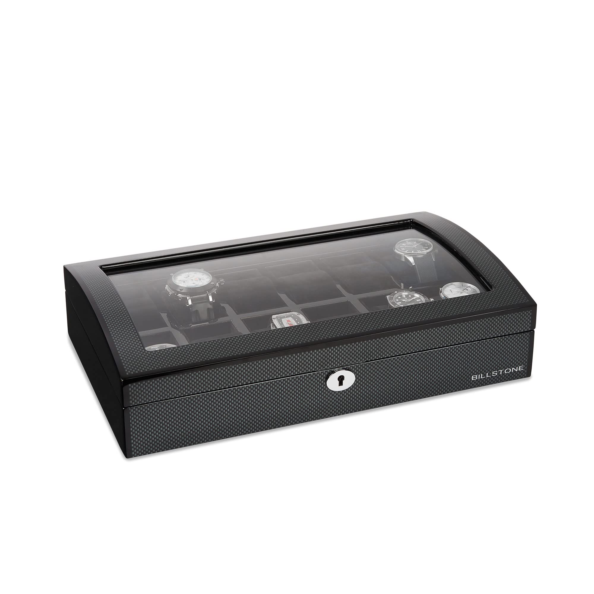 BILLSTONE Romanoff 12 Watch Box – 12 Slot Watch Organizer, Carbon Fiber Finish with Black Velvet Interior