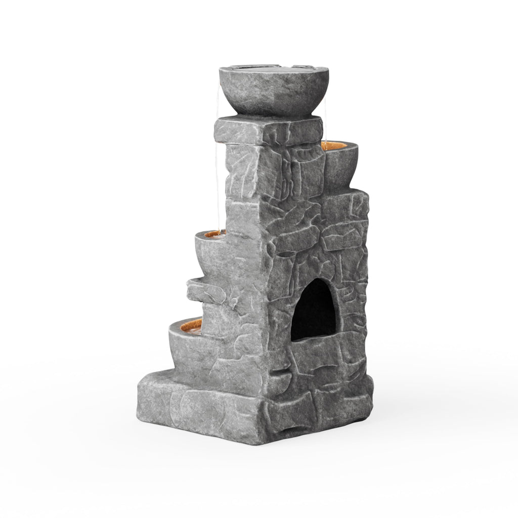 Teamson Home 33" Outdoor Water Fountain with LED Lights, 3-Tier Cascading Bowls, Weather-Resistant Resin Garden Water Feature for Patio, Lawn, and Backyard Decor – Stone Gray