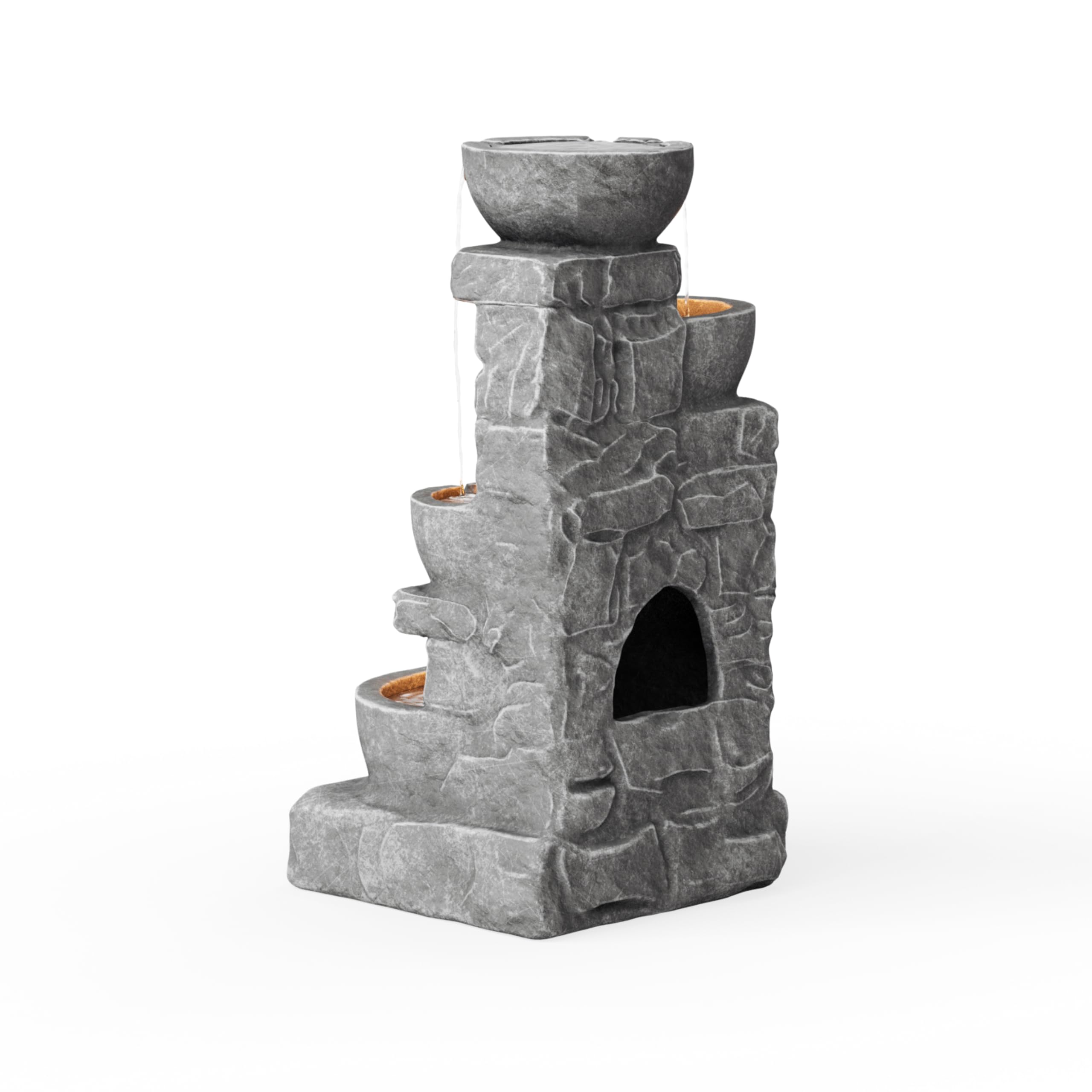 Teamson Home 33" Outdoor Water Fountain with LED Lights, 3-Tier Cascading Bowls, Weather-Resistant Resin Garden Water Feature for Patio, Lawn, and Backyard Decor – Stone Gray