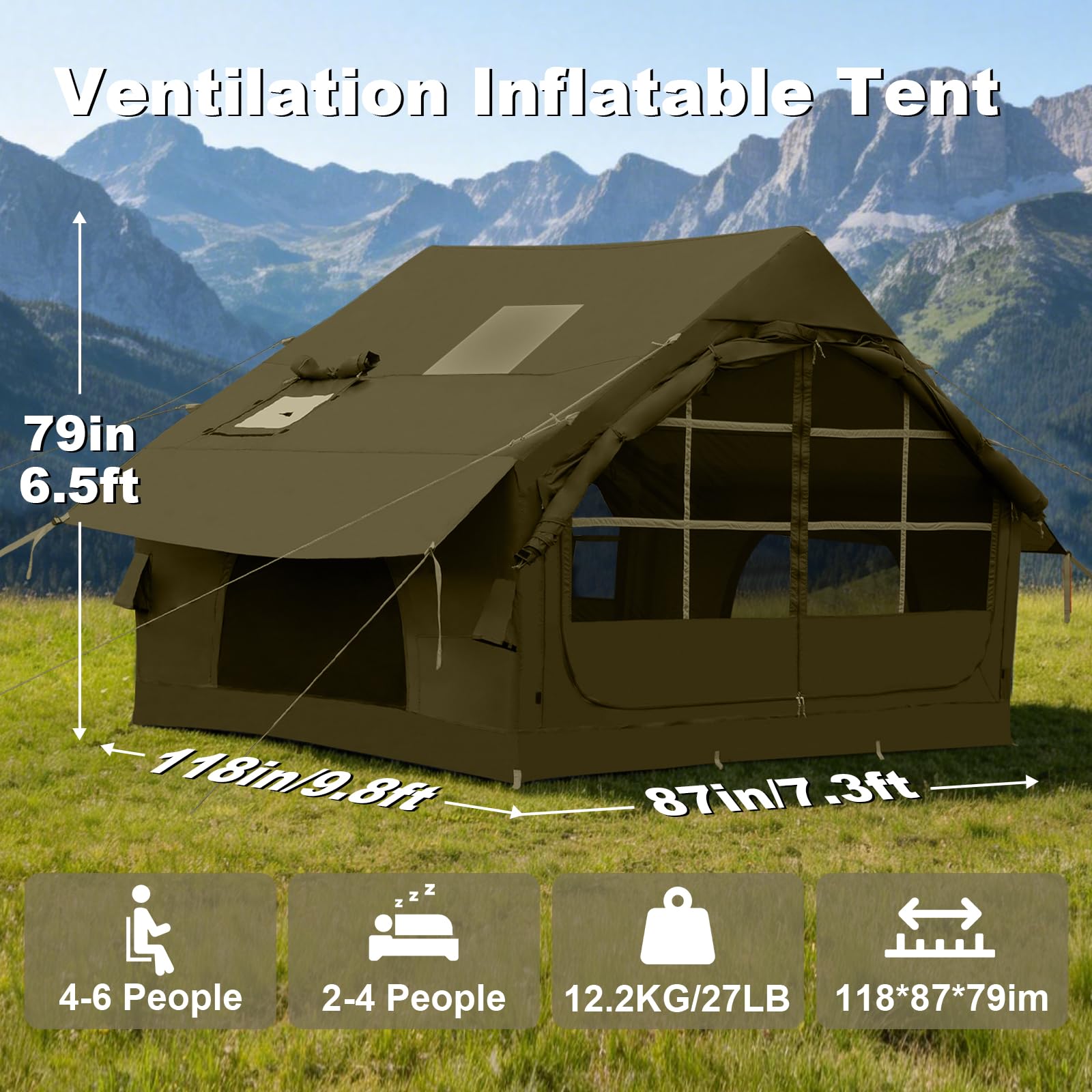 4-6 Person Inflatable Tent for Camping with Stove Jack, Hand Air Pump Easy Setup Blow Up Tents for 4 Seasons Waterproof Inflatable Air House Tent for Outdoor Adult