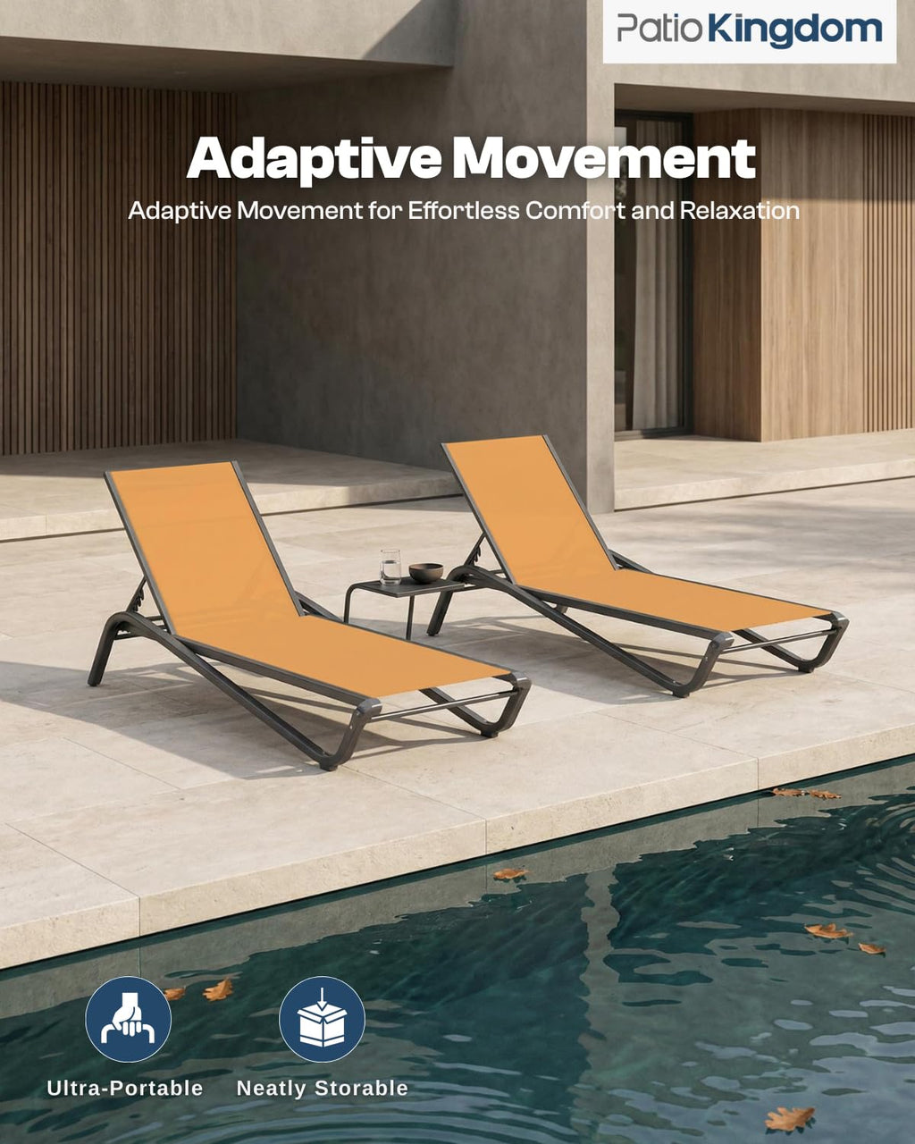 Patio Kingdom 3-Piece Patio Chaise Lounge Set with Side Table, Set of 2 Adjustable Pool Chairs and Aluminum Bistro Table, All-Weather Outdoor Furniture for Pool Deck, Patio & Tanning, Solar Orange