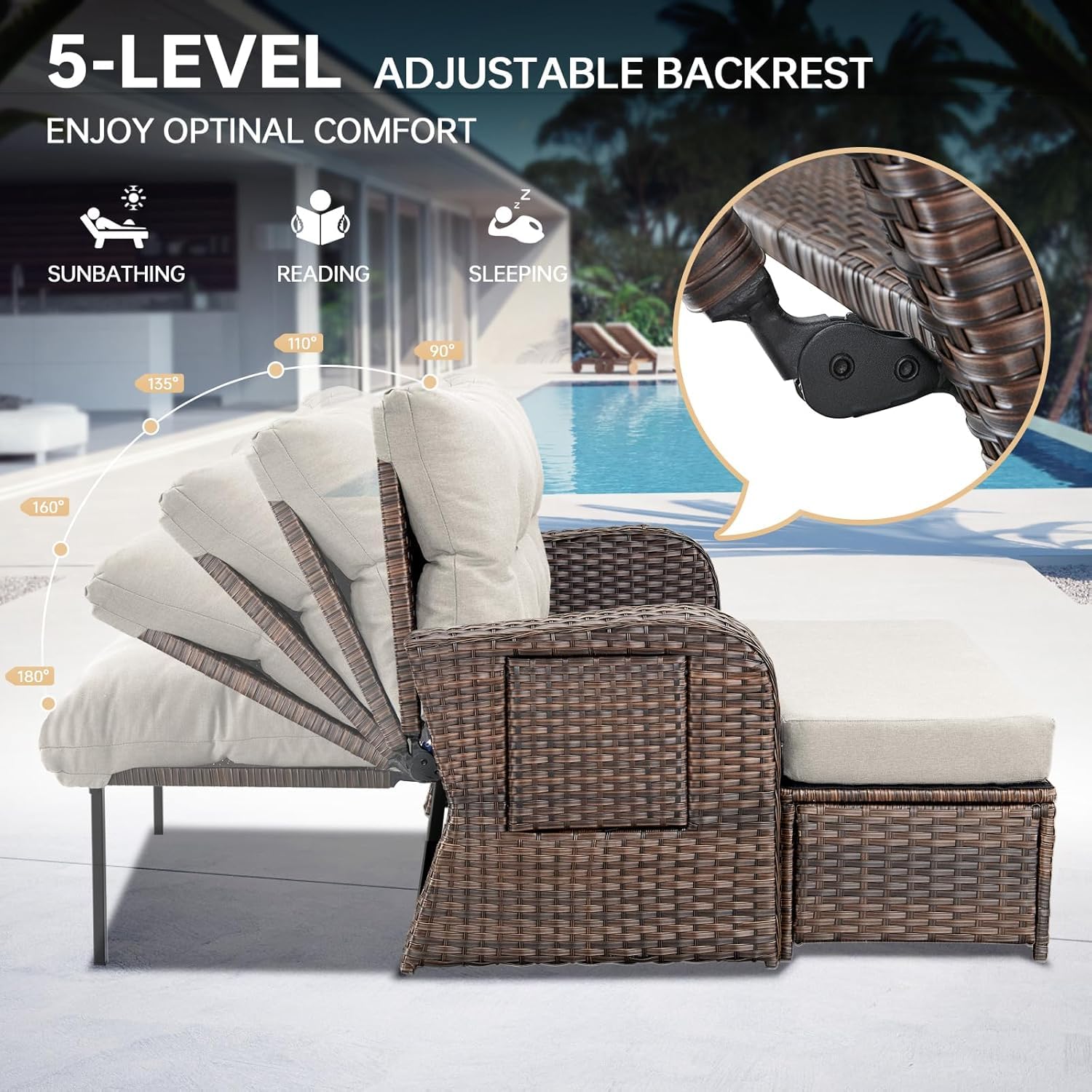 Bellefurn Outdoor Daybed, Patio Daybed Wicker Recliner for Two with Multifunctional Recliner and Stowable Side Tray, 5 Level Adjustable Backrest (Beige)