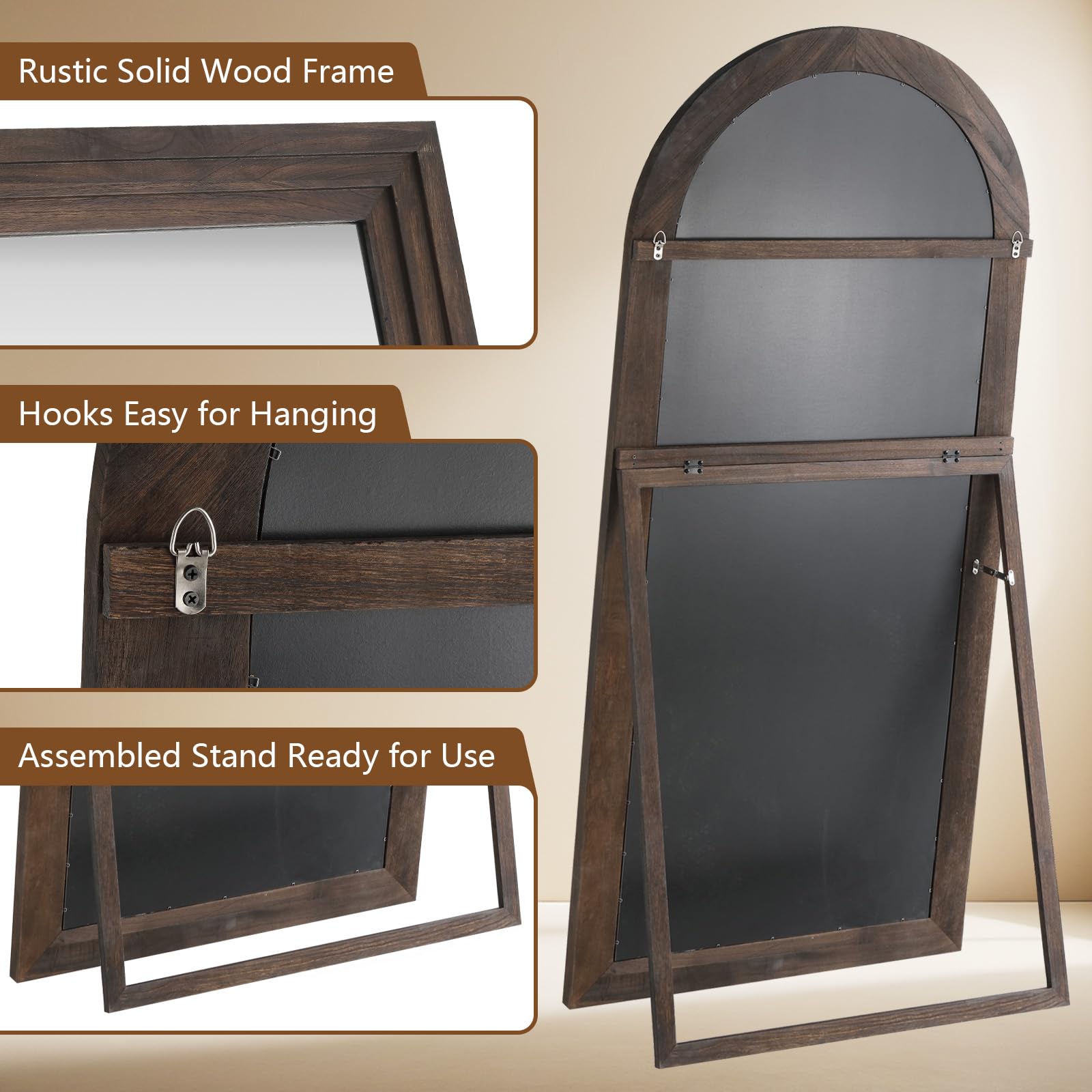 MELOMOIR Arched Full Length Mirror with Solid Wood Frame, 71"x32" Rustic Farmhouse Large Floor Mirror with Stand, Free Standing Leaning Hanging, for Bedroom Living Room Dressing Room Entryway, Brown
