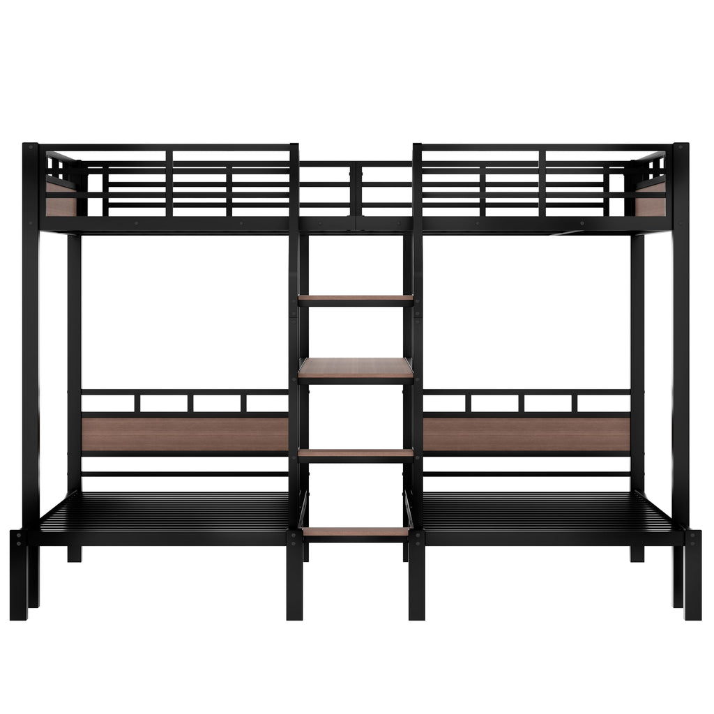 Bellemave Queen Over Twin & Twin Bunk Bed with Shelves, Metal Triple Bunk Beds with Safety Guardrails and Underbed Storage, Heavy-Duty 3 Bunk Beds for Kids, Teens, Adults, No Box Spring Needed, Black