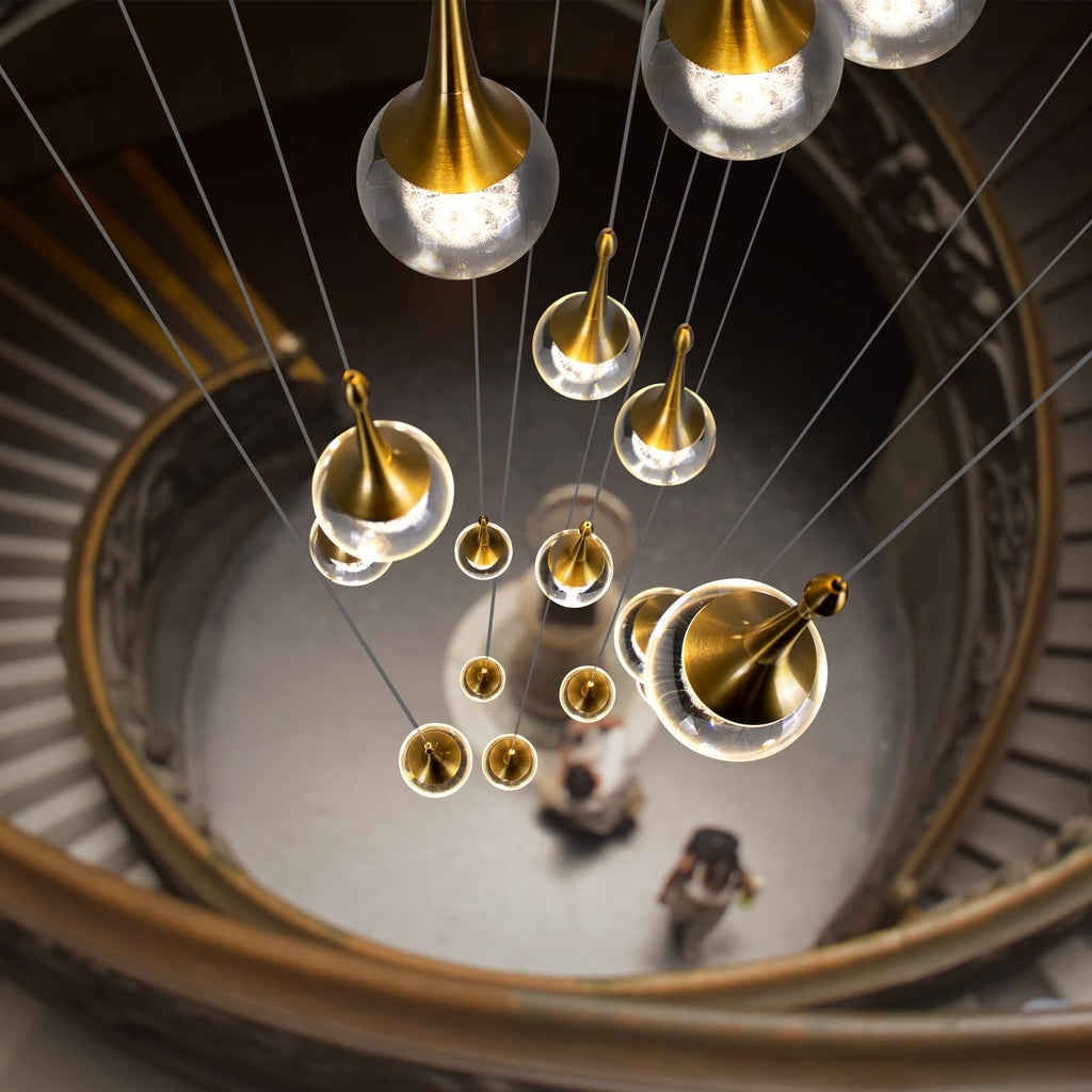 GINSENGLUX Gold LED Staircase Chandelier for High Ceiling, Gold LED Dimmable Remote, Modern Crystal Teardrop Long Hanging Pendant Light for Stairwell Living Room Entryway Stair Foyer, H118in 16 Lights