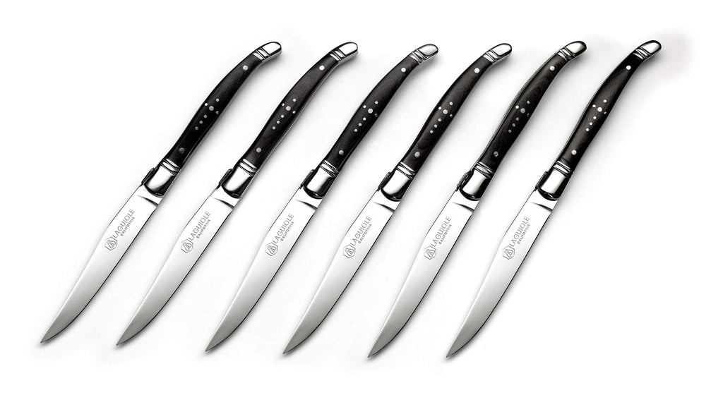 Laguiole California Steak Knives - 6 Piece Blackwood Set - Ergonomic Handles - Stored in a California Oakwood Gift Box - Extremely Sharp Straight Steel Blades are Thick Gauge, Full Tang