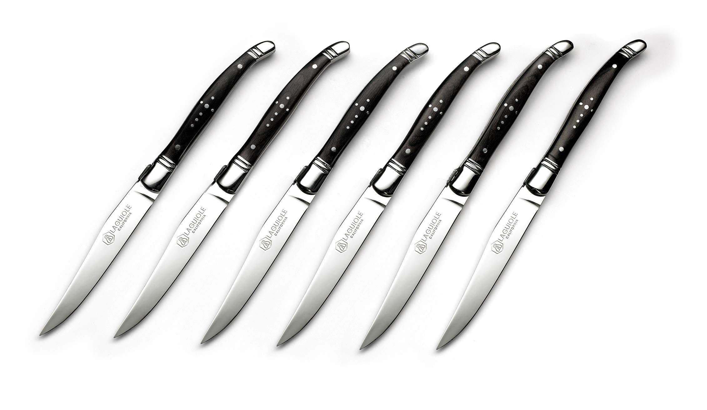 Laguiole California Steak Knives - 6 Piece Blackwood Set - Ergonomic Handles - Stored in a California Oakwood Gift Box - Extremely Sharp Straight Steel Blades are Thick Gauge, Full Tang