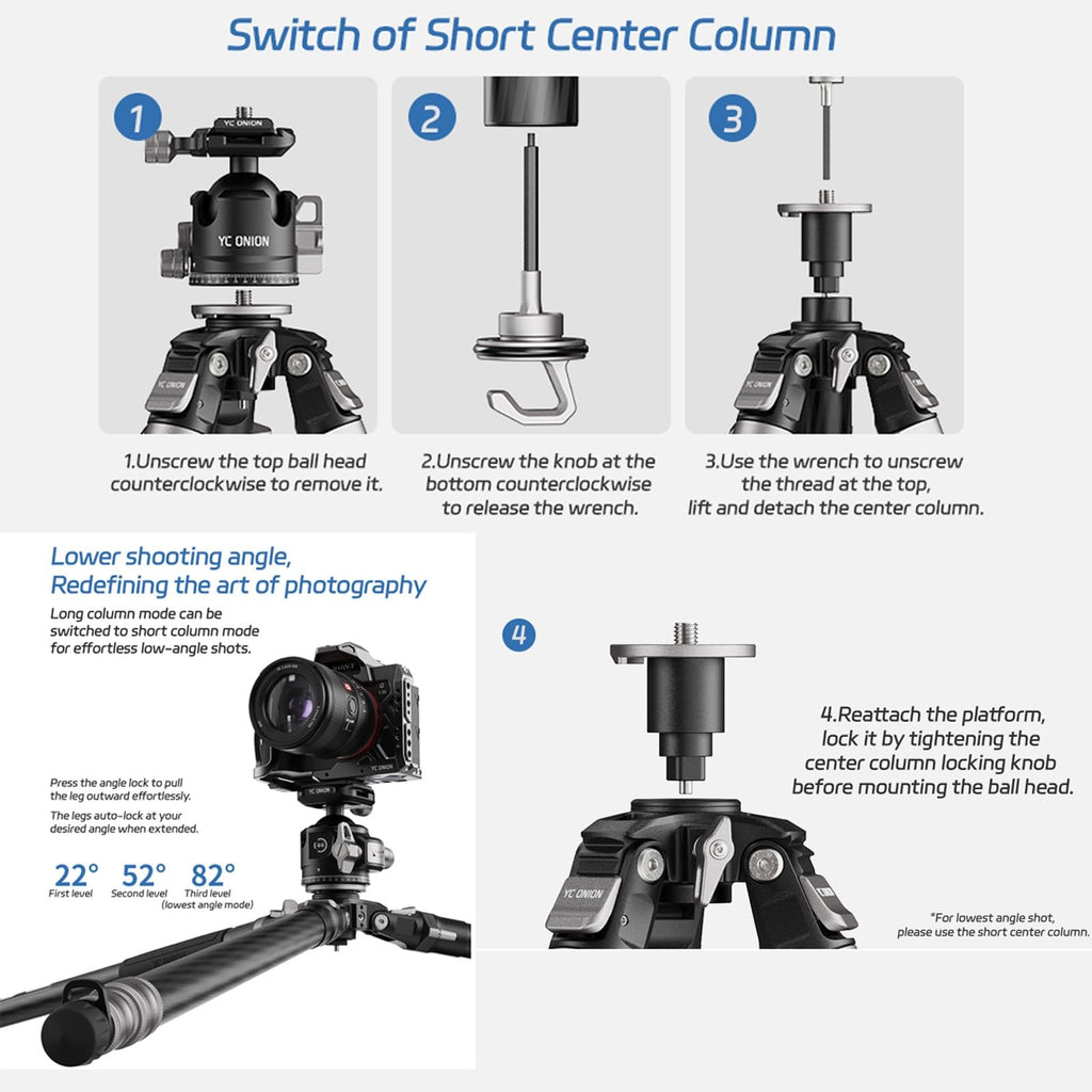 YC Onion Tako T23 Carbon Fiber Tripod with 44mm Ball Head, 3/8" Top Thread, 360° Rotation, 3 Leg Sections, One Flip Quick Release, Travel Tripod Stand for DSLR Cameras,Camcorders (Max Load 22lb)