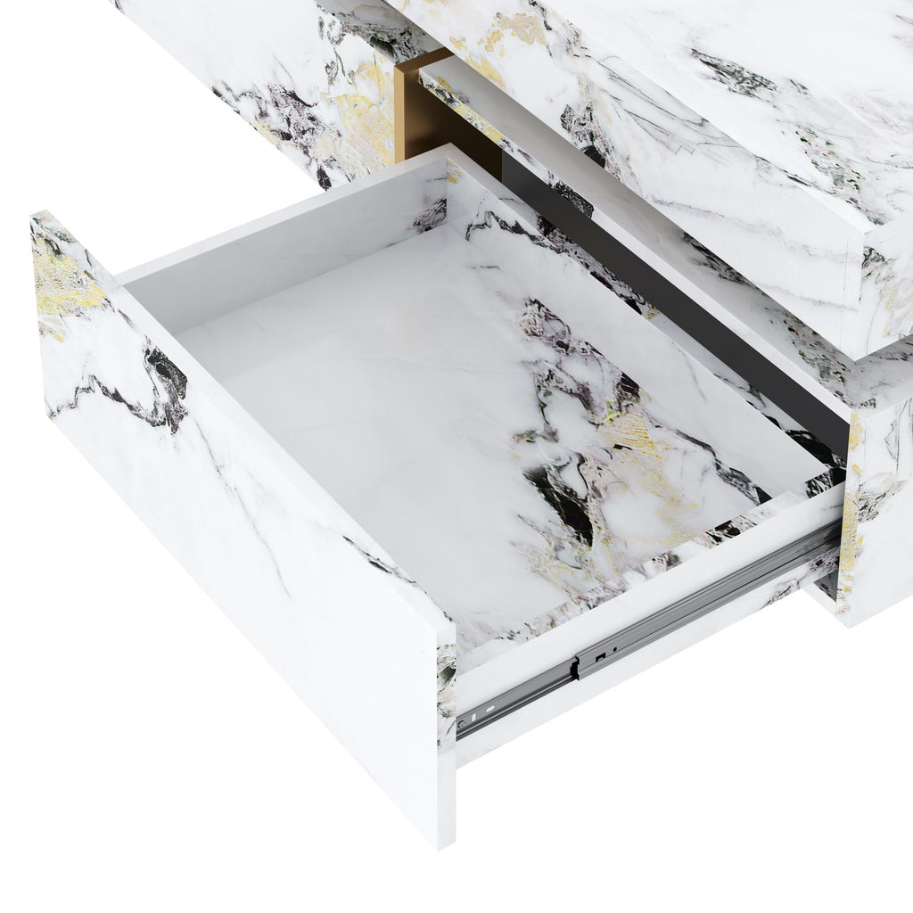 Merax 43.3 Inch Modern Large Square Coffee Table with Marble Textured Top, 4 Built-in Drawers Ample Storage and Floating Suspended Base, Modern Elegance White MDF Storage Center Table for Living Room