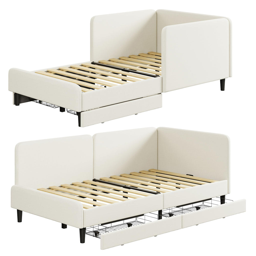 LIKIMIO Twin Daybed with Headboard, Corner Bed Frame with Bed Rails and Storage Drawers, Solid Support, for Bedroom Guest Room, Cream