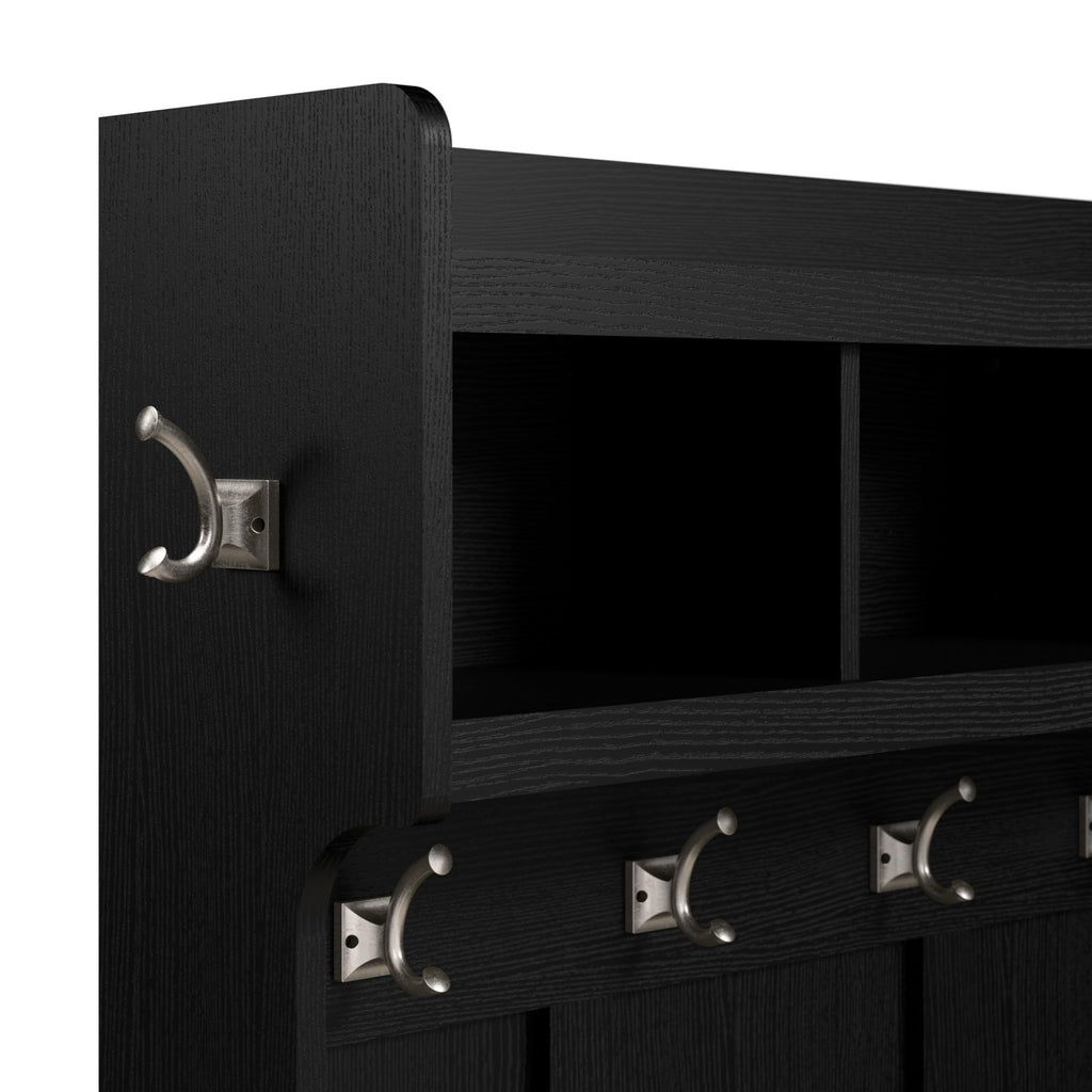 Bush Home Woodland 40W Shoe Storage Bench with Doors and Wall Mounted Coat Rack in Black Suede Oak | Foyer, Mudroom, Entryway Organizer