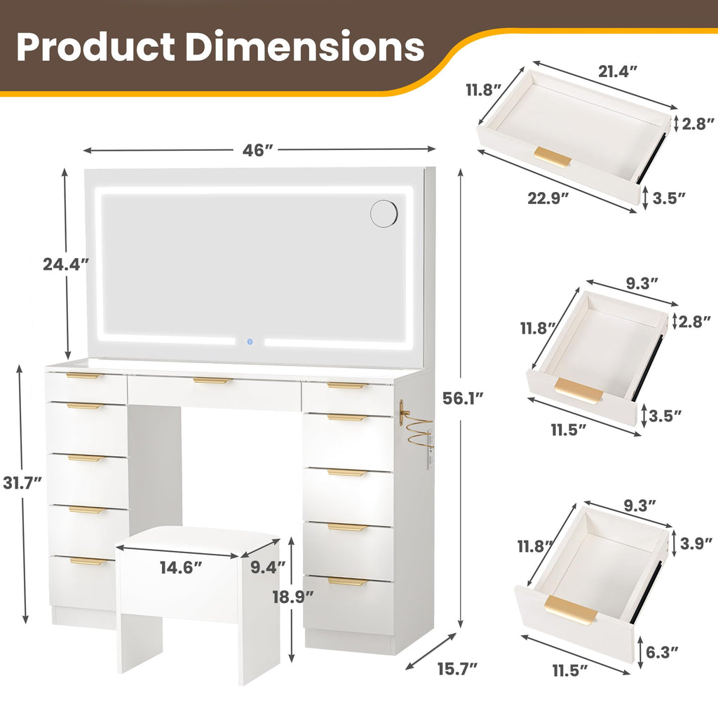 Fkhouse Glass Top Vanity Desk with Mirror and Lights, 11 Drawers Makeup Vanity with Stool, 3 Lighting Modes Dressing Table with Power Outlet, Golden Handles, White
